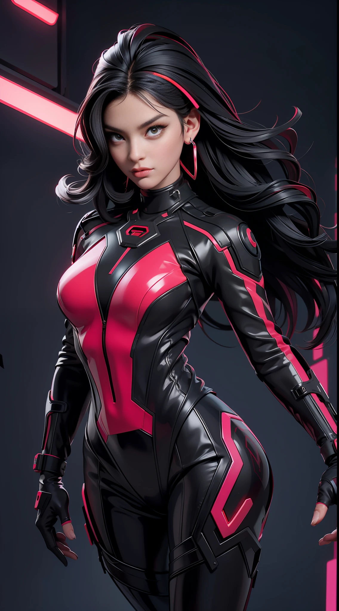 solo, super fine photo, portrait Unreal Engine 5 8K UHD of beautiful and aesthetic girl (girl: 1.3), gorgeous, black short wavy hair, red and black color scheme tight cybernetic latex catsuit, cyberpunk rich girl, cyberpunk full face helmet, earrings, cybernetic long heel, cybernetic long glove, futuristic design, magenta neon lights details, beautiful make up, luxurious, best quality, masterpiece, official art, unified 8k wallpaper, super detailed, sharp focus, dynamic pose, body parts