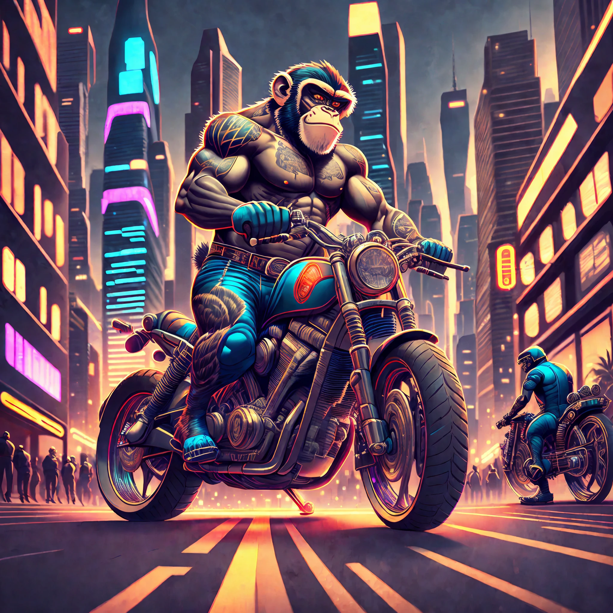 ((best quality)),((ultratailed)), ((masterpiece)), illustration, Scene structure: Animal monkey personified as a gangster, with monkey face and human body. He has a muscle build and tattoos on his body. He rides his motorcycle in the city, with tall buildings behind him and flashing neon lights. Immediate composition: Monkey-gangster, animal personification, riding motorcycle, tattooed body, muscle building, cityscape, tall buildings, neon Substance 3D lights, Octane rendering, (hdr: 1.3) --auto --s2