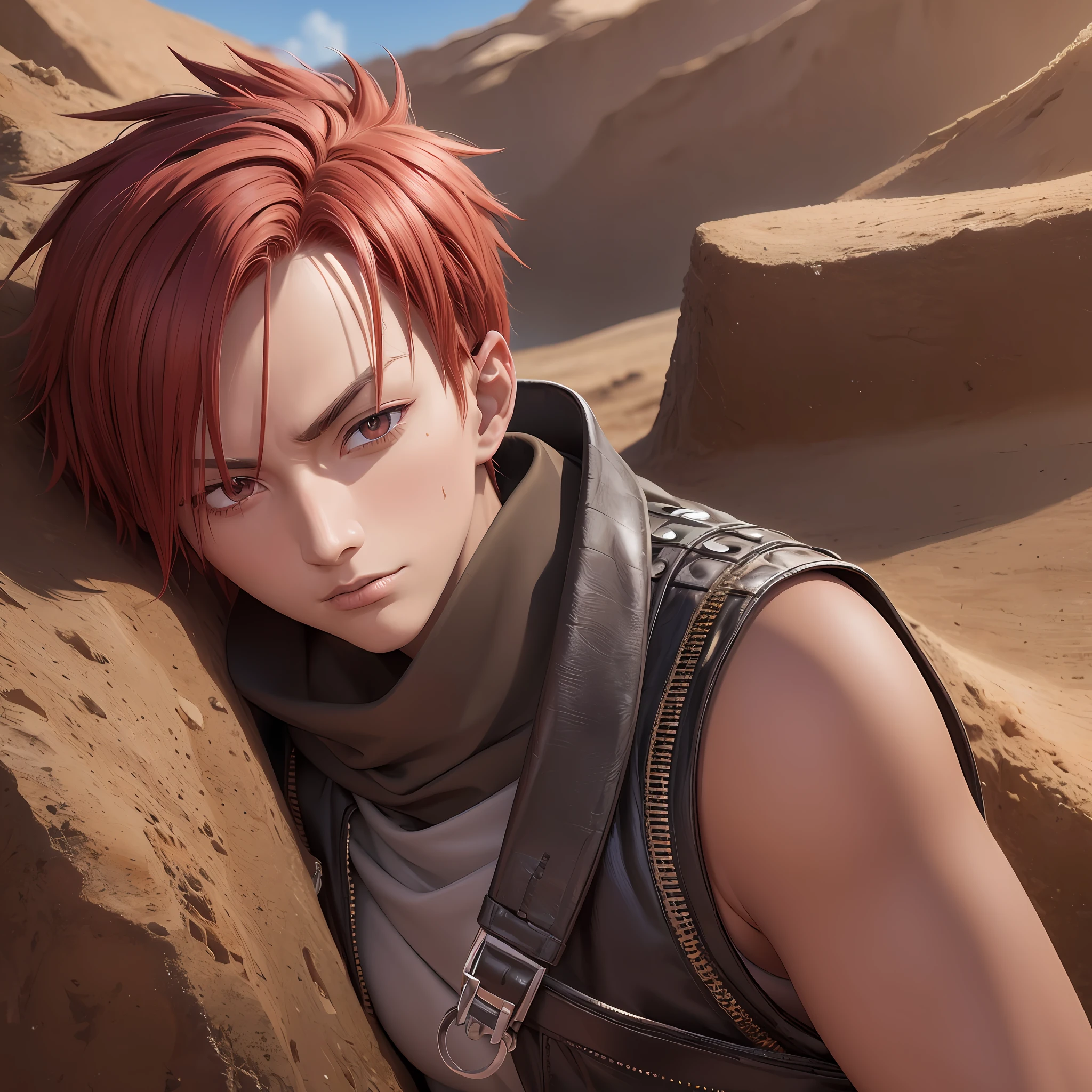 High definition image of dark colors, desert landscape with gaara character in detailed realism in high definition naruto anime, 4K photo resolution --auto --s2