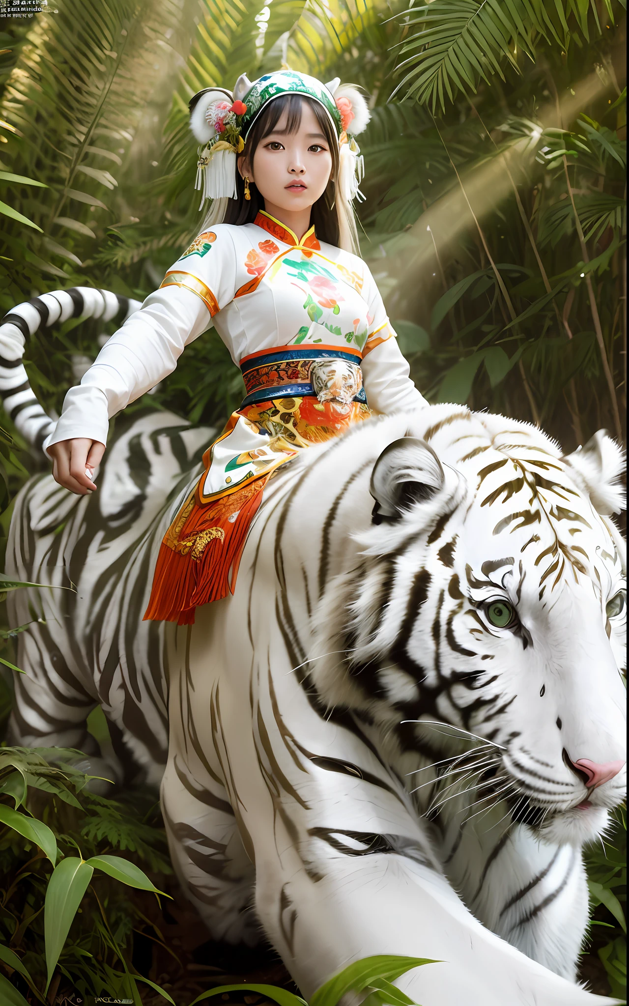 ((HD photo)),ultra realistic,(masterpiece, 8k uhd, HDR, extreme detailed, intricate details, best quality, professional, vivid colors),((1girl wearing costume and riding on a a white tiger in Jungle:1.5)),Reins,(Traditional headwear:1.5),(soft lighting:1.3),(Professional Portrait Photography:1.2),(photo-realistic-detailed:1.5),((Jungle scape)),looking at viewer,dutch angle,absurdres:1.2, Kodak portra 400, film grain, blurry background, bokeh:1.2, lens flare, (vibrant color:1), (pureerosface_v1:0.5), ,(((Chinese Miao clothing style:1)))
