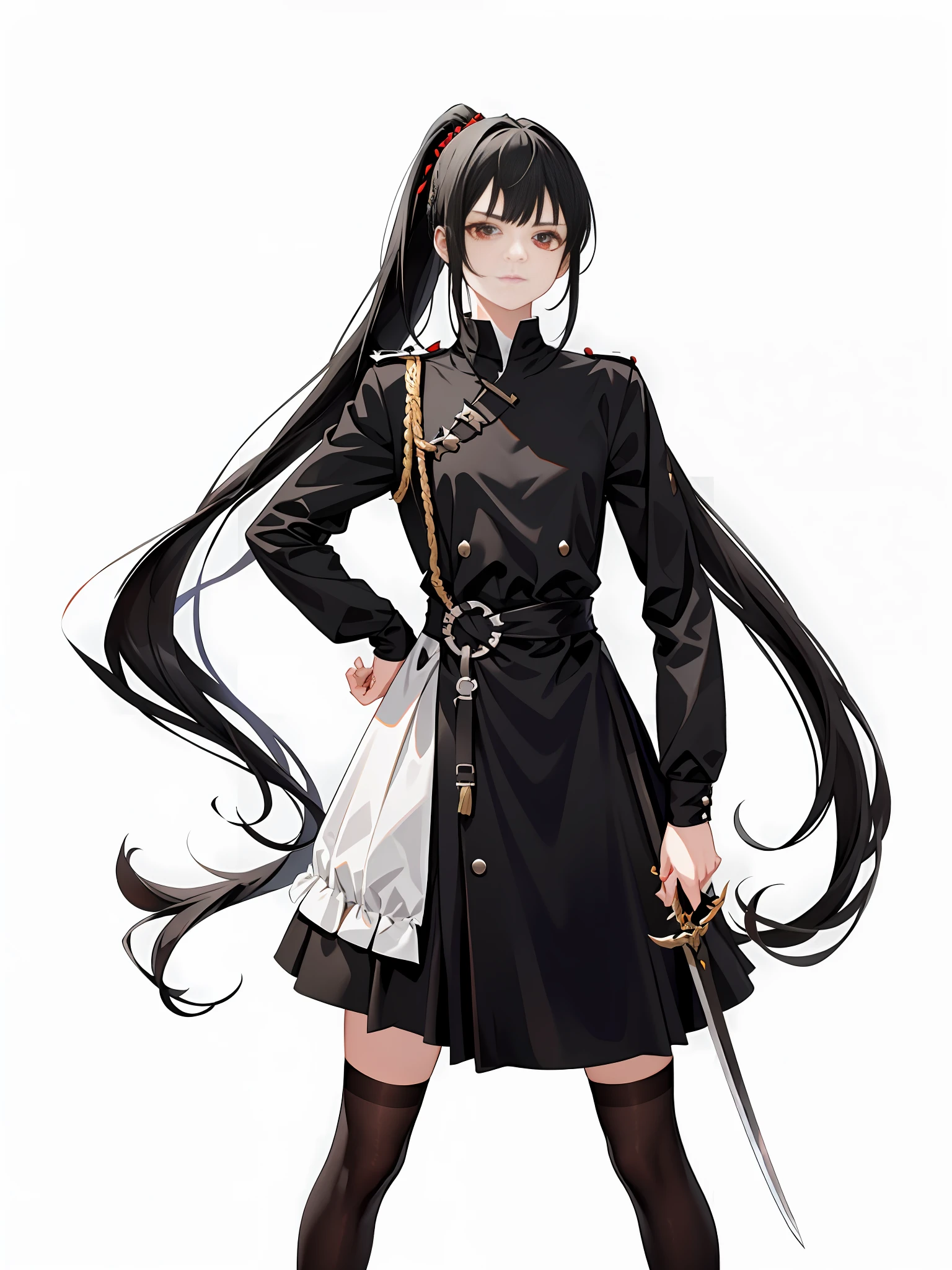 Long black hair, high ponytail, European rapier sword, black hair, black hair, bangs to one side, frontal, face biased to front, ponytail directly behind the head, red eyes --auto --s2