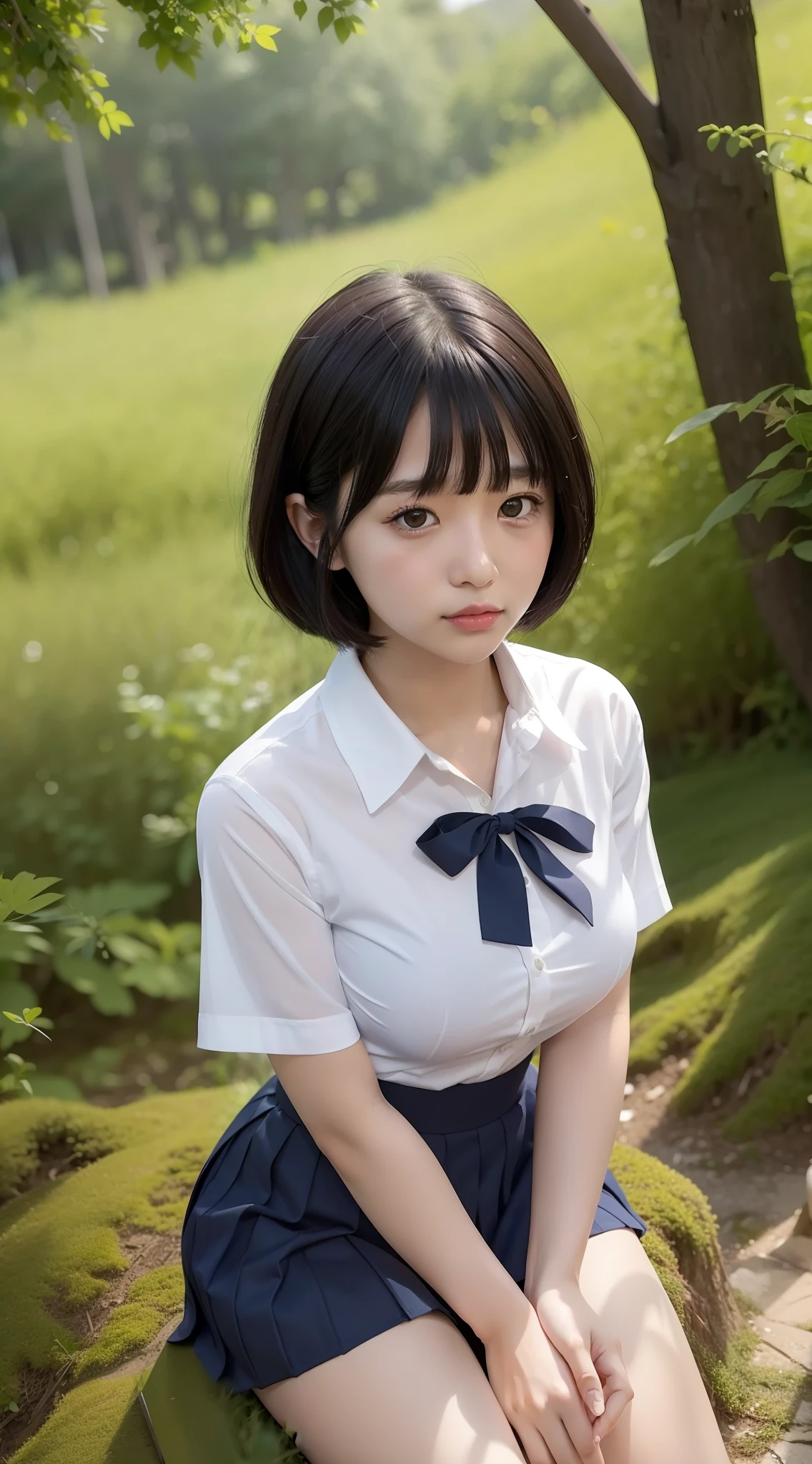Japan girl, 18-year-old girl, short hair, black hair, bangs, brown eyes, perfect figure, transparency, luster, luster, modest breasts, school uniform, navy blue ribbon, navy blue skirt, , braless, hide breasts with both hands, light pleasure, glowing body, gravure idol, mountain forest, beautiful legs, frontal, looking from above,