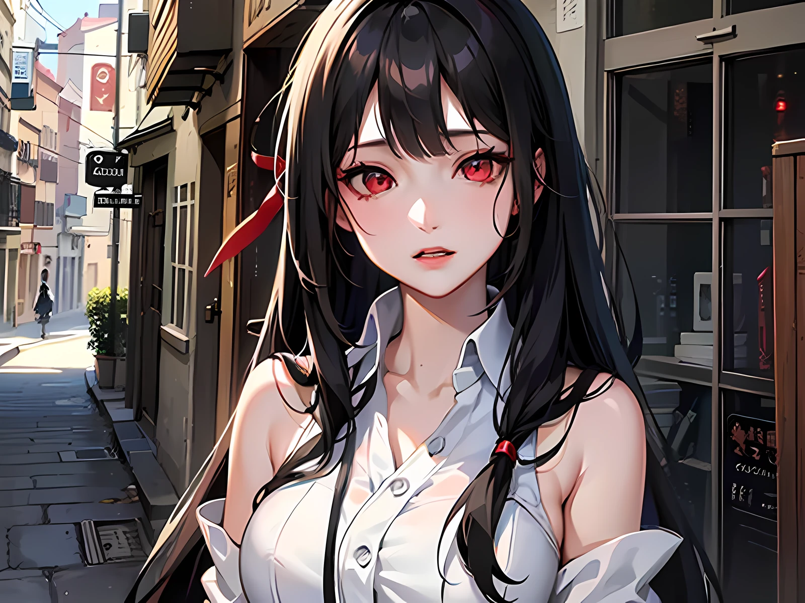 anime girl with long black hair and red eyes standing in a narrow alley, anime visual of a cute girl, from girls frontline, anime moe artstyle, smooth anime cg art, girls frontline cg, kawacy, girls frontline style, fine details. girls frontline, kantai collection style, anime visual of a young woman, guweiz, visual novel cg, girls frontline