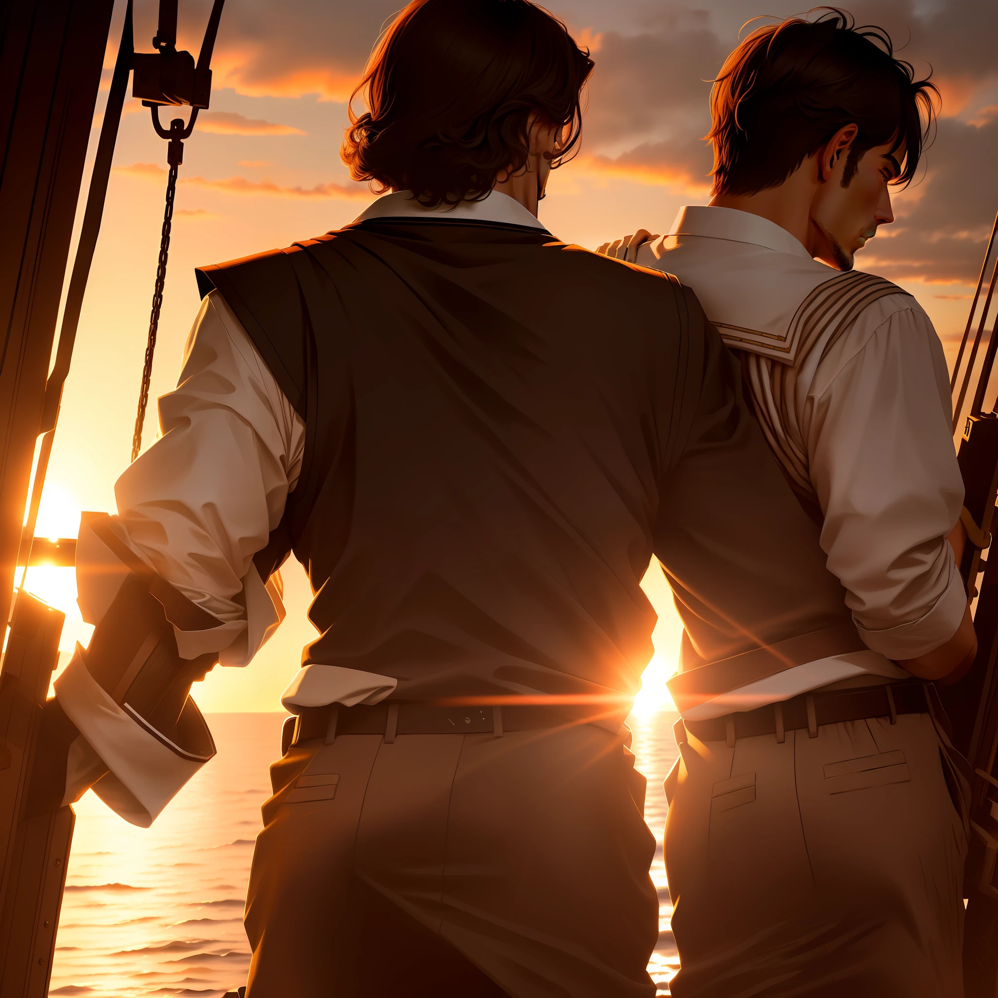 Two men at the bow of the ship next to each other with backs and letters. realistic, sunset, titanic