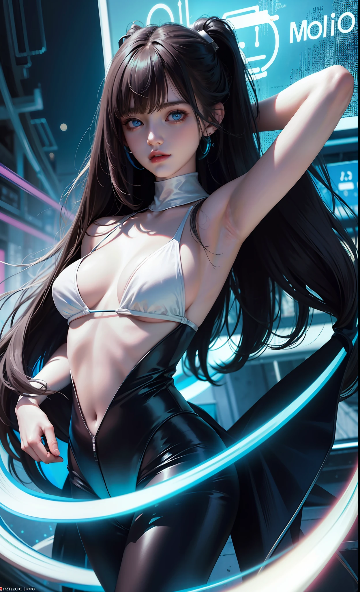 Masterpiece, Best Quality, Girls, Slender, Blue Eyes, Hair Color, Iridescent, Long Hair Spreading, White Skin, Medium, Cute, Sexy, Near Future, Cyberpunk, Bikini, Exposed Skin, Night, Psychedelic, Trip, Extreme Color, Paisley Theme, Open Legs, Mechanical Left Arm, Full Body