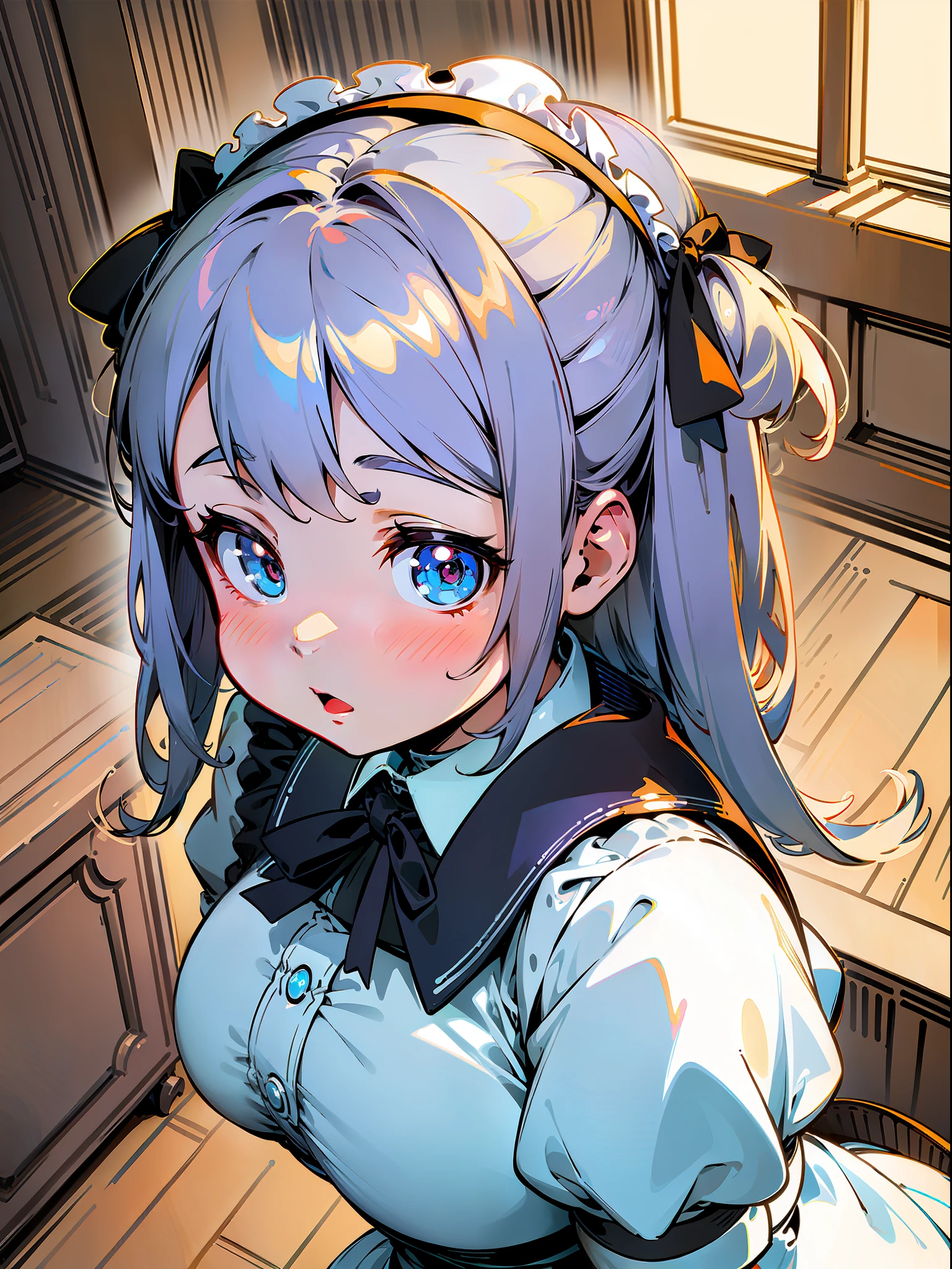 ((Best Quality)), ((Flat Color))), Thick Outline, Bright and Soft Diffuse Light, Depth of Field, LOLI, (Plump), ((Upper Body)), From Above, Black and White Maid Outfit, Genki, Perspective