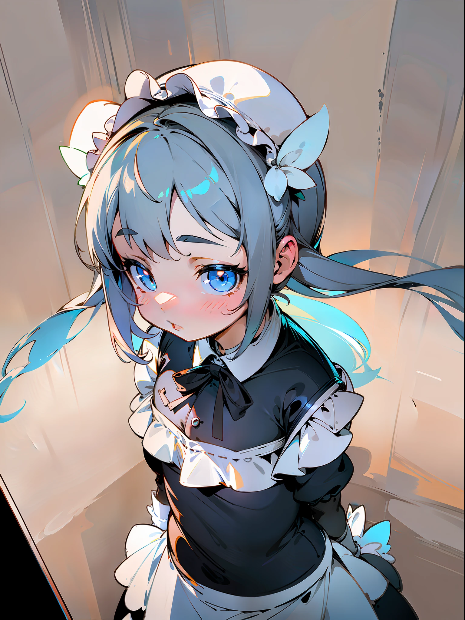 ((Best Quality)), ((Flat Color))), Thick Outline, Bright and Soft Diffuse Light, Depth of Field, LOLI, (Plump), ((Upper Body)), From Above, Black and White Maid Outfit, Genki, Perspective