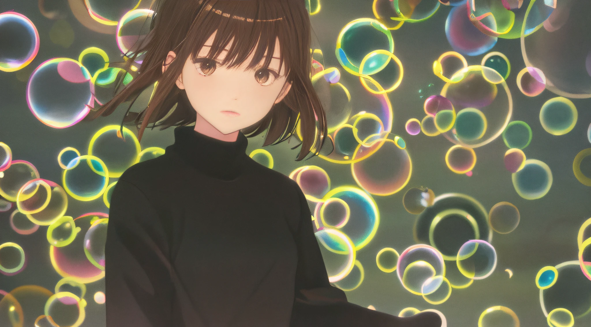 Detailed illustration in anime style, very cute 2 year old toddler girl, solo, very short brown hair, perfect round gray eyes, black turtleneck, wearing black skirt, surrounded by many large and small various perfectly round soap bubbles, very dark fantastic background, fantastic lighting, dramatic backlighting, Makoto Shinkai anime style