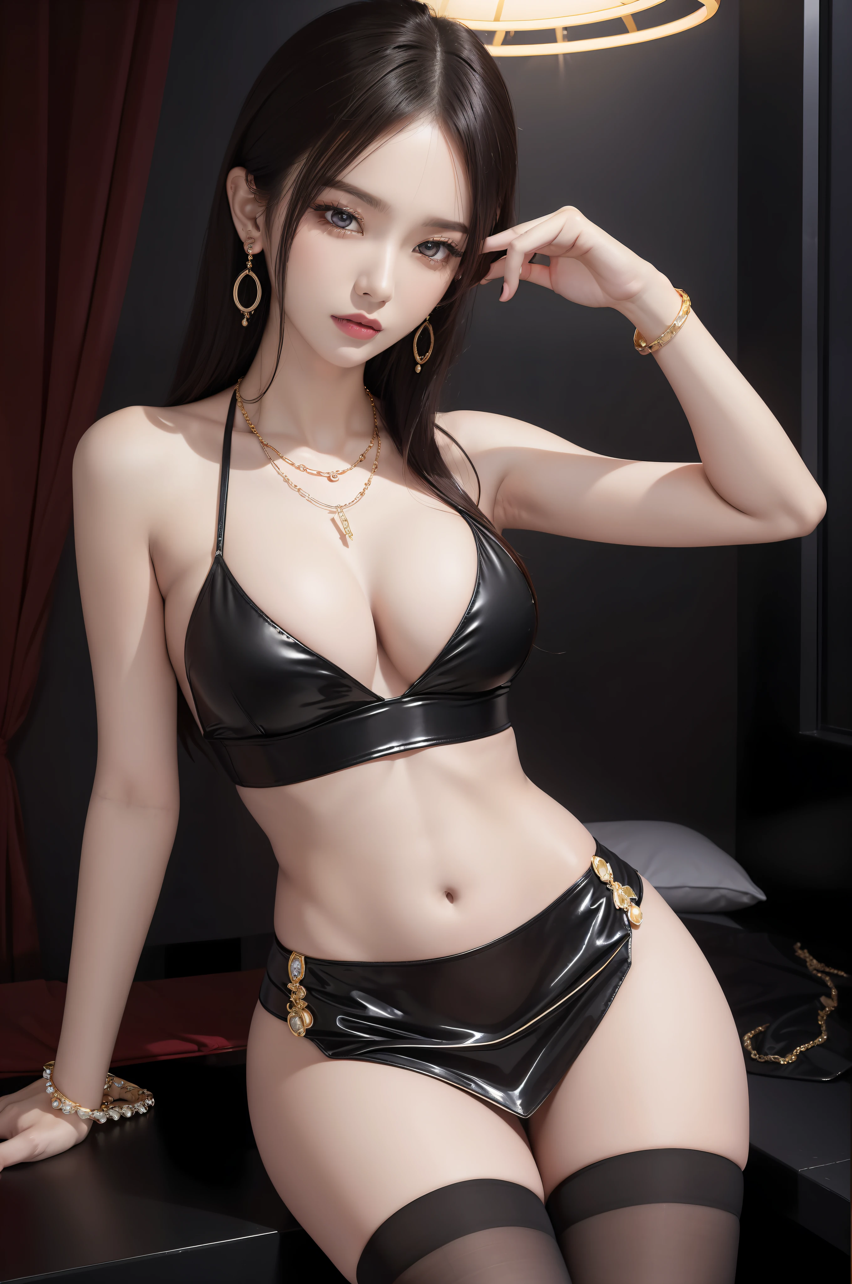 Big, garter rings, flashy colors, sexy clothes, skirts, see-throughs, pantyhose, earrings, necklaces, bracelets, seductive eyes, slender, constricted waist, tropical style bar, dimly lit room, elegant seduction poses, gorgeous young Japan women, gorgeous models, sexy girls, various seduction poses, beautiful women