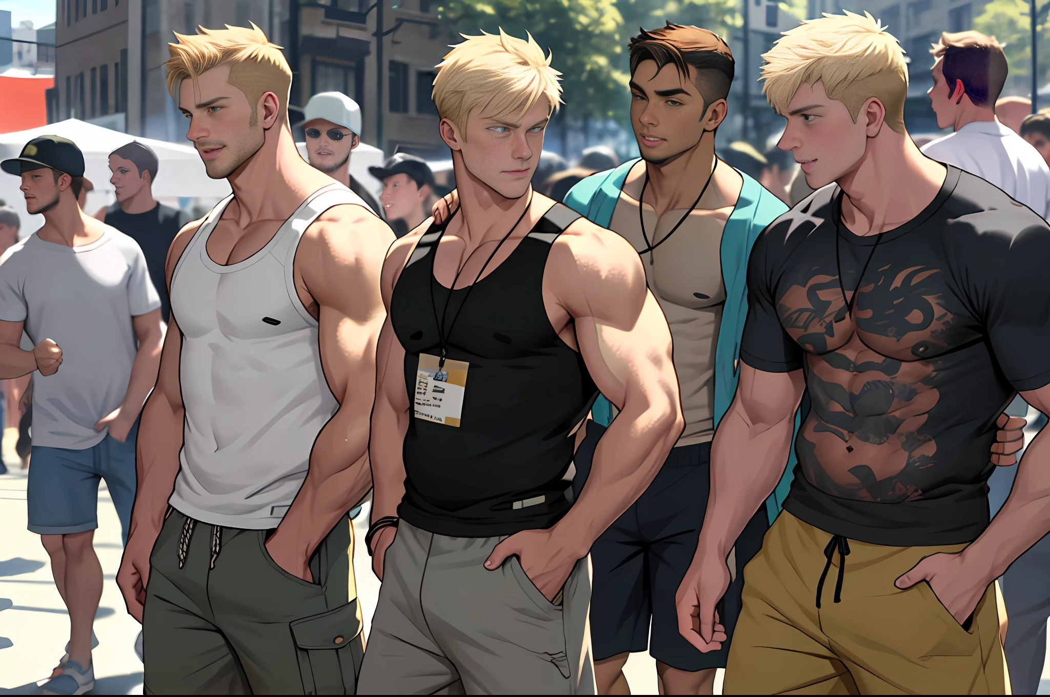 handsome young blond man wearing a tank top and baggy long shorts surrounded by a group of attractive shirtless men at urban gay pride festival, in the style of joe phillips and harry bush and tom of finland