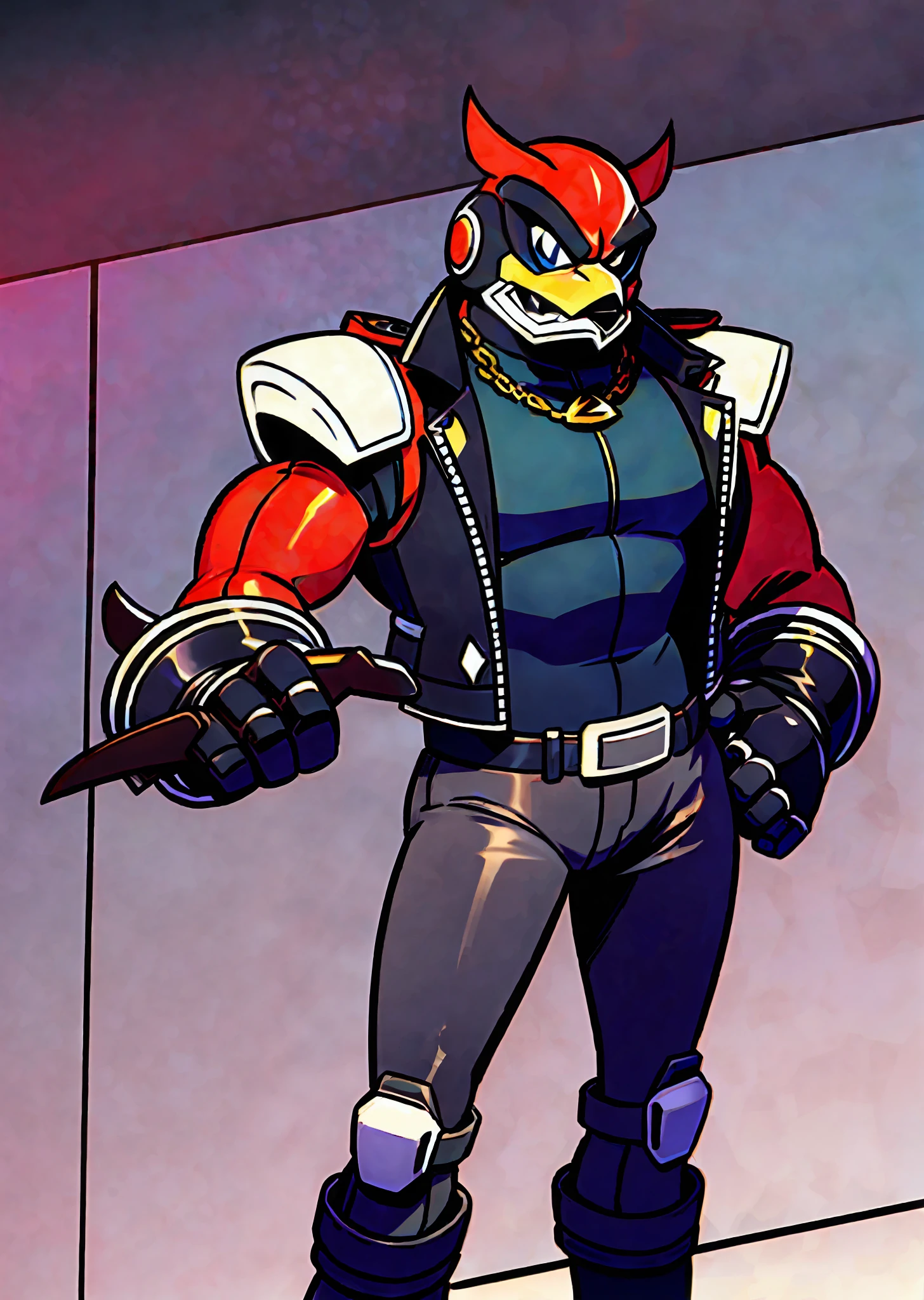 An extremely beefy anthro cardinal with black motorcycle gloves, a black leather vest, and black biker boots, beefcake, top-heavy, motorcycle helmet under his arm, red wings, Sonic Boom art style