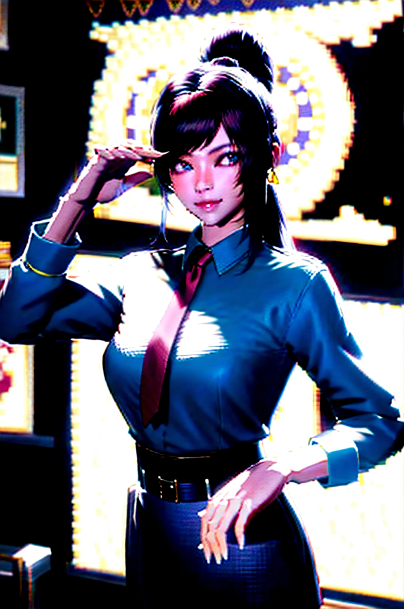 Korean girl, black hair, older sister, tie her hair in a ponytail and smile to the narrator, high definition picture, masterpiece, (beautiful girl, cafe, seductive, virgin, sexy), (secretary), fierce smile,