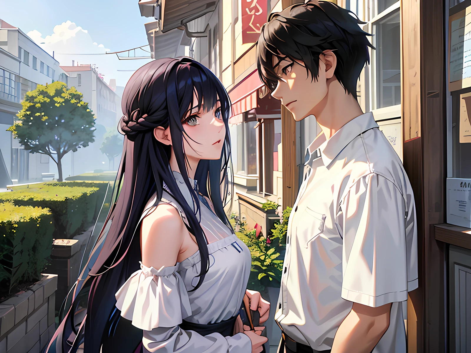 Anime images of a man and a woman looking at each other, visual novel CG, CGSTATION trends, visual novel key visuals, Guvitz-style artwork, smooth anime CG art, Guwiz and Makoto Shinkai, Guwiz, Kavasi,; Visual novels, animated movie screenshots, selected animated stills today