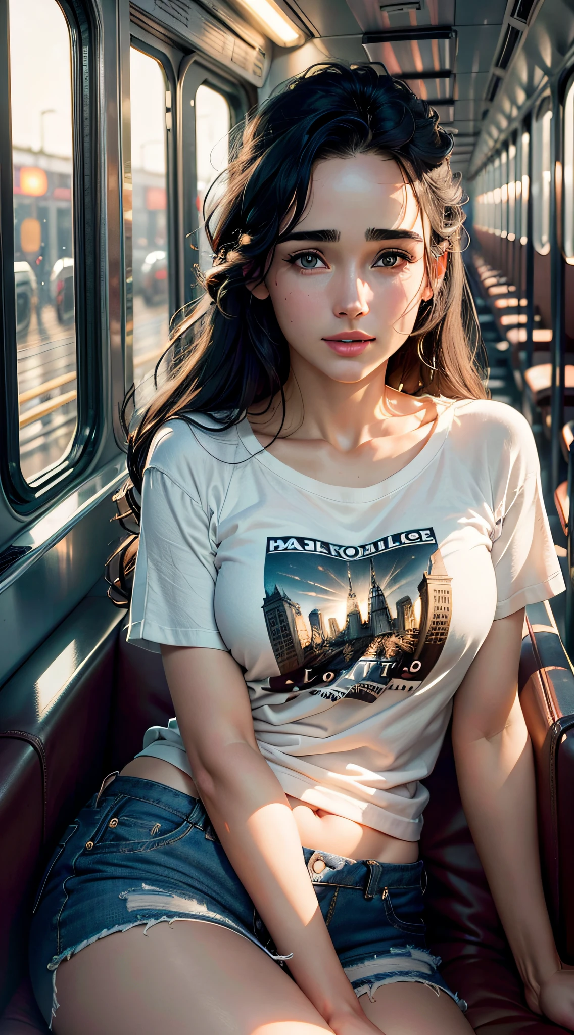 masterpiece, maximum quality, ultra high resolution, 8k, Jennifer Connelly, , full body, alone, thin, very detailed face, perfectly identical face, detailed eyes, wide smile, cheerful, human pelle, realistic photo, totally realistic, human pellet, studio lighting, perfect, identical in every detail, train car, wearing micro shorts and t-shirt