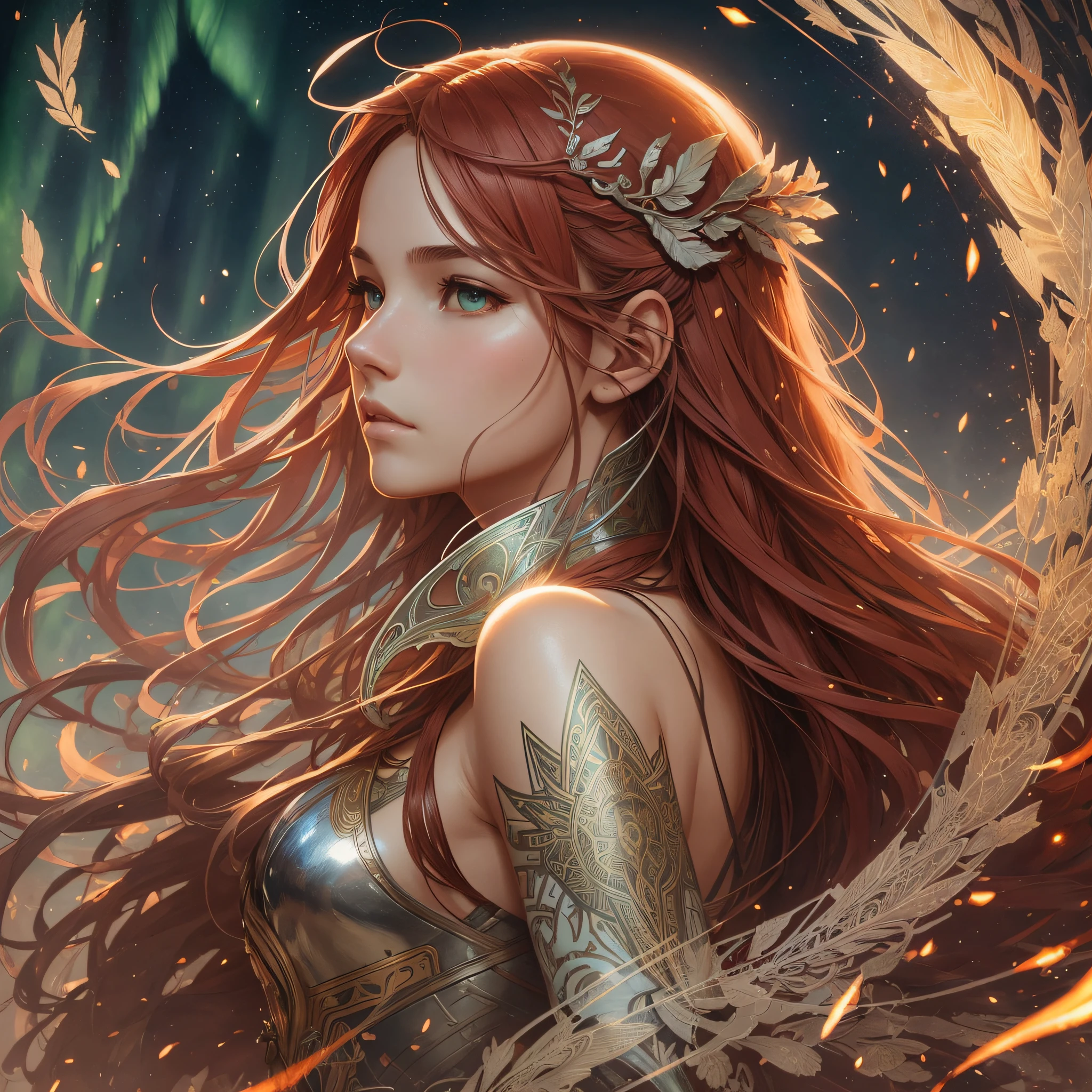 (atmosphere with light and a tree behind)+ 8k aurora portrait, girl with super long hair, super long very light red hair, in battle clothes, with giant silver wings on the back, intricate, highly detailed, digital painting, smooth, sharp focus, illustration, unreal engine 5, 8 k, art by Artgerm and Greg Rutkowski and Alphonse Mucha --auto --s2