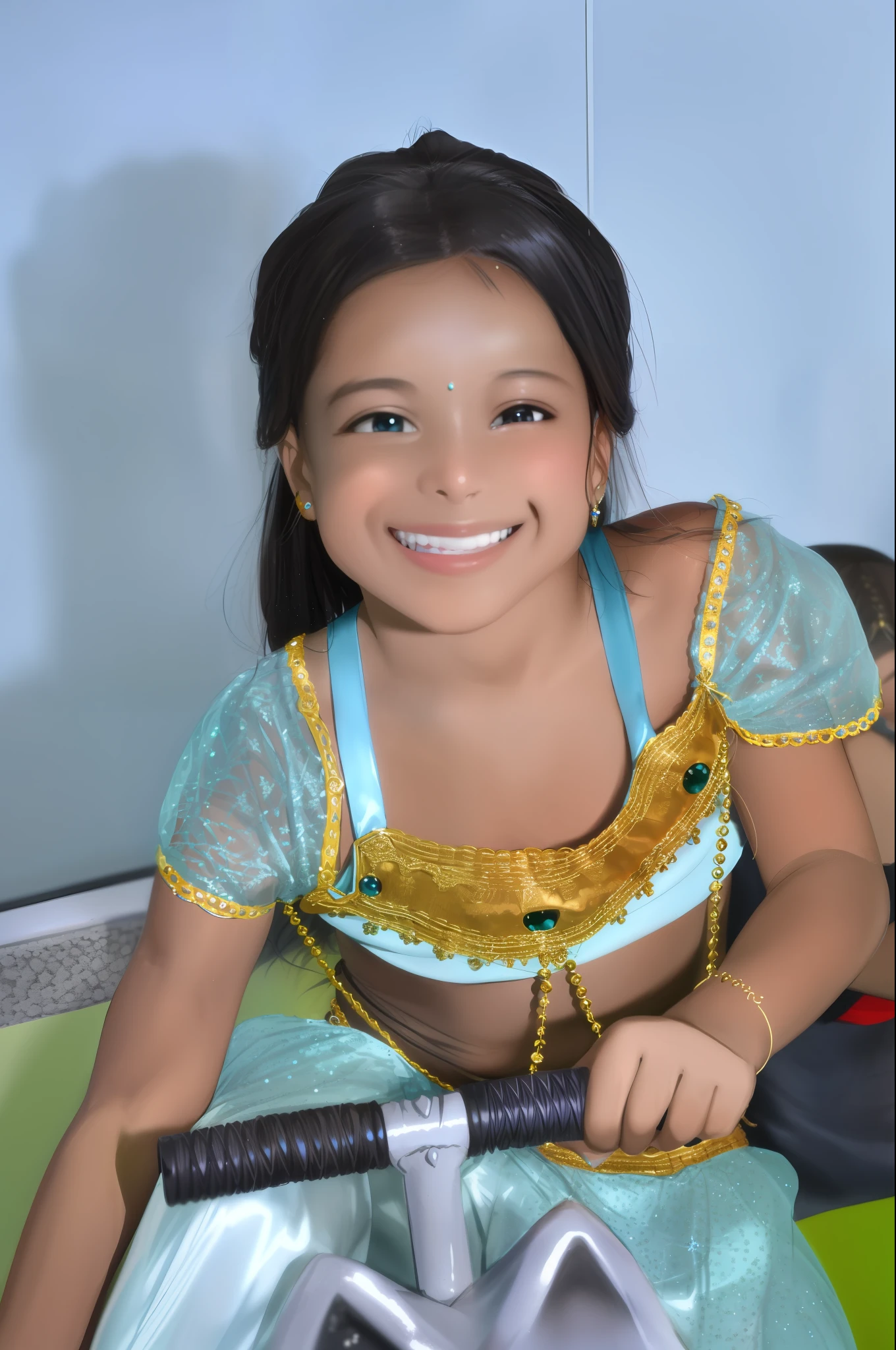 arafed girl in a blue dress riding a small toy bike, she is dressed as a belly dancer, with a beautifull smile, indian girl with brown skin, smiling as a queen of fairies, beautiful and smiling, lovely smile, she is smiling and excited, beautiful smile, princess jasmine, smiling girl, she is smiling, she is smiling and happy
