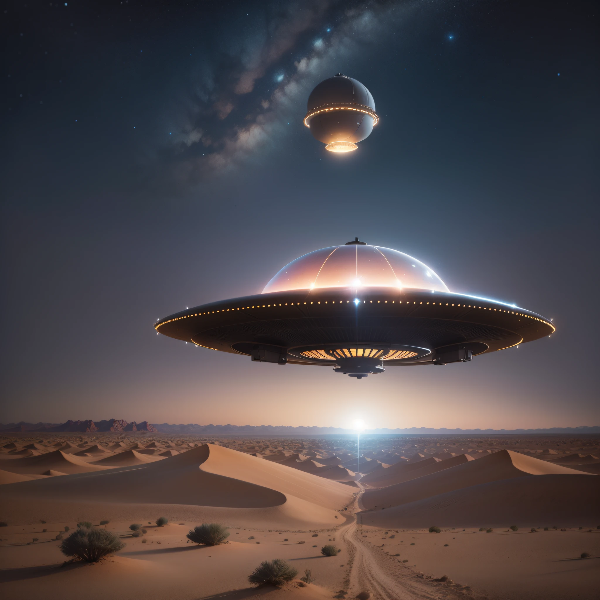 A realistic flying saucer hovering in the desert at night with mysterious lights