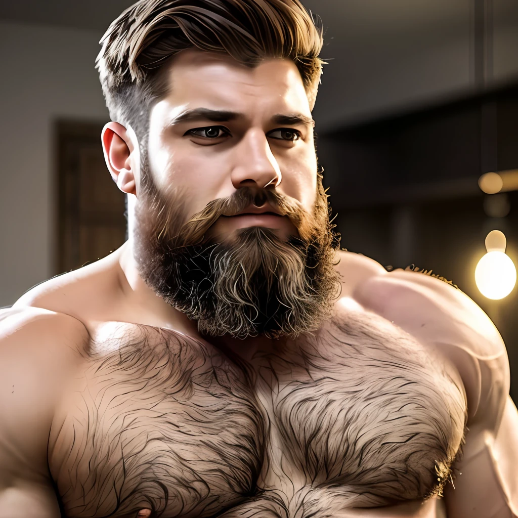 bearded and shirtless man, hairy chest, hairy chest and hairy body, hairy chest, masculine and strong, half shot from a bare hairy chest, fluffy chest, hairy shoulders, hairy bodies, strong and imposing, thick hairy neck and fluff chest, strong masculine features, hairy body, hairy torso, pectoral hair, captured with a Canon EOS 5D Mark IV. The scene should be captured with a high-quality DSLR camera, in an ultra-photorealistic style with intricate details and a depth of field effect --chaos 1 --hd --air 16:9 --iw:3 --without glasses - 8k -masterpiece --auto --s2