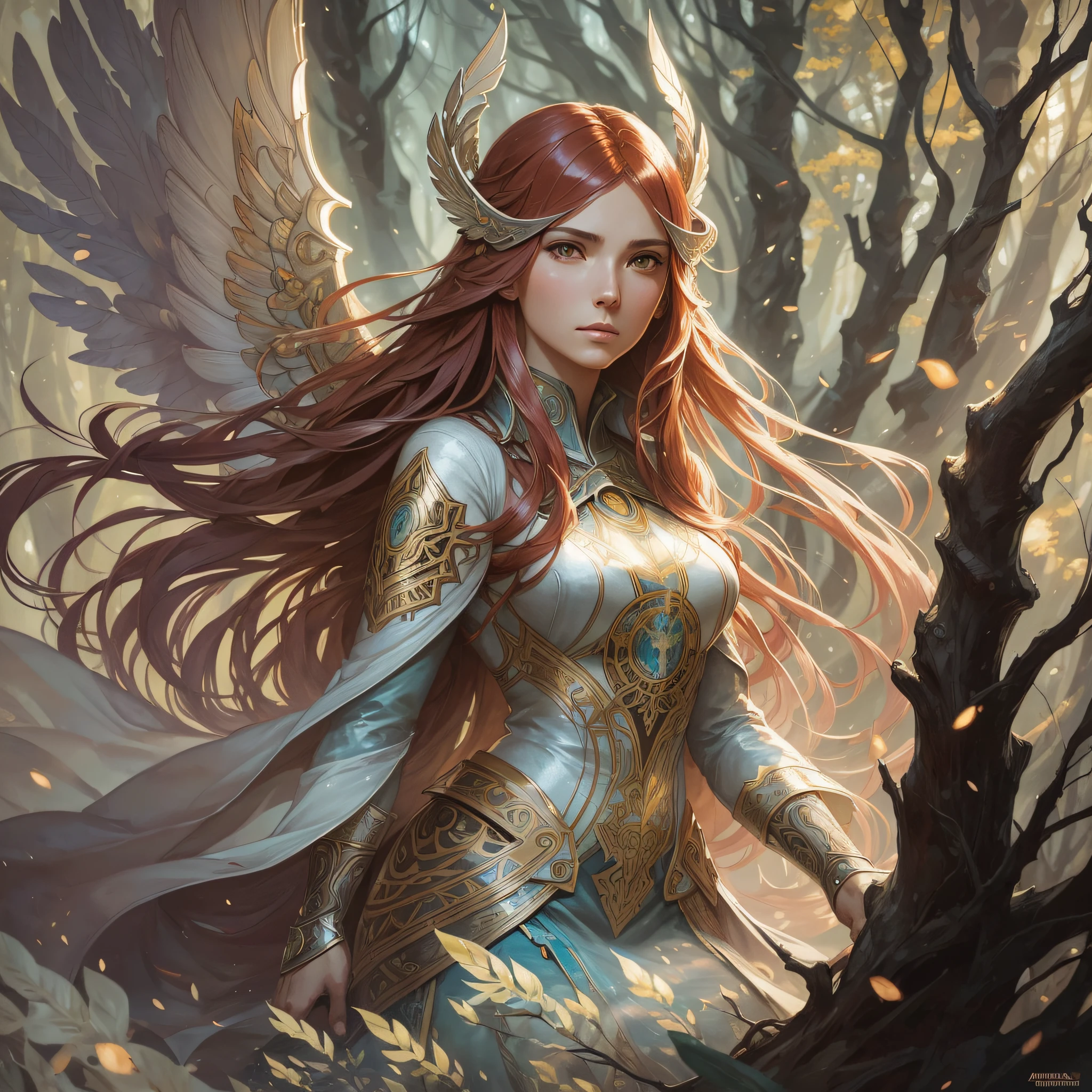 (atmosphere with light and a tree behind)+ 8k aurora portrait, girl with super long hair, super long very light red hair, in battle clothes, with giant silver wings on the back, intricate, highly detailed, digital painting, smooth, sharp focus, illustration, unreal engine 5, 8 k, art by Artgerm and Greg Rutkowski and Alphonse Mucha --auto --s2