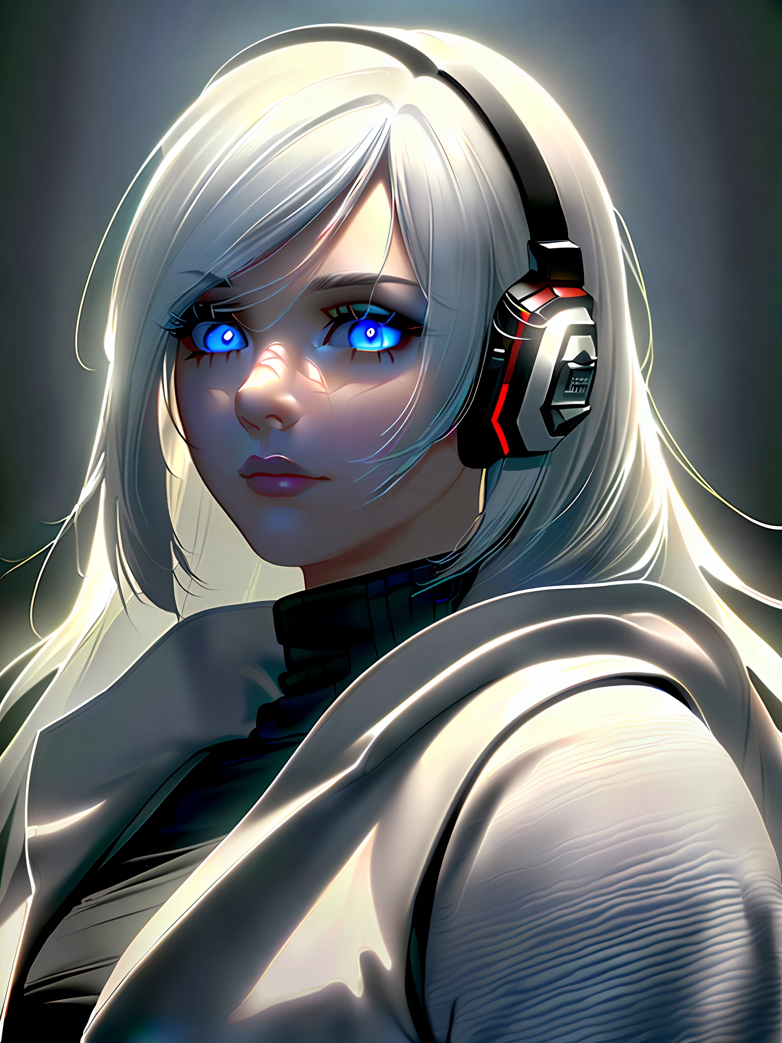 (on the moon, space, looking back at Earth), white hair, black vest, stereoscopic lighting, white jacket, glowing headphones, cyberpunk, futuristic, multicolored eyes, detailed eyes, super detailed, shallow smile, very detailed , beautiful, small details, super detailed, best quality, intricate, surreal, sharp, digital illustration, detailed, realism, intricate, 4k, 8k, trends on artstation, good anatomy, beautiful lighting, repeated Award Winning, Photorealistic, Realistic Shadows, Realistic Lighting, Beautiful Lighting, Ray Tracing, Intricate Details, Moody, Rule of Thirds, Masterpiece, (Illustration: 1.1), High Resolution, (Very Detailed CG, Unity, 8k wallpaper: 1.1), beautiful face, highly detailed face, super realistic, masterpiece, bokeh, very detailed, intricate, zoomed out, vibrant colors, vibrant colors, red nail polish, side view,