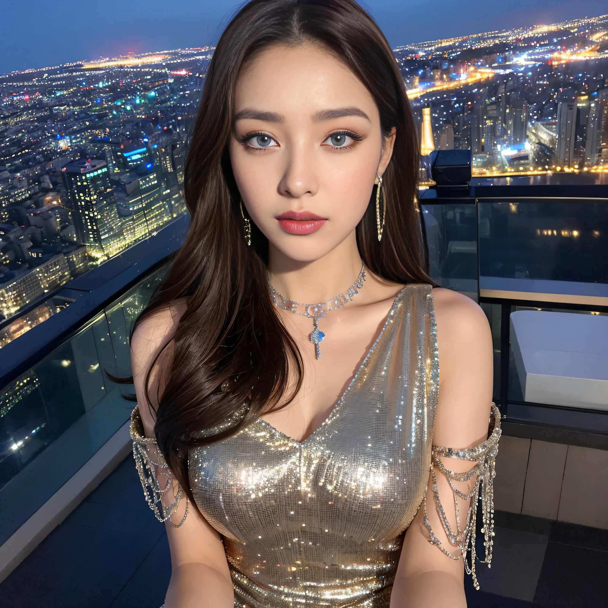 ((Midnight, Top Quality, 8k, Masterpiece: 1.3)), Above the waist, Long legs, Sharp Focus: 1.2, Pretty woman with perfect figure: 1.4, ((Brown hair, big: 1.2)), (Sheer party dress, dress sparkling with sequins and jewels, Standing: 1.2), ((Night City View, Rooftop: 1.3)), Highly detailed face and skin texture, detailed eyes, double eyelids, blue eyes, night scene, gaslight and oversized earrings and necklace