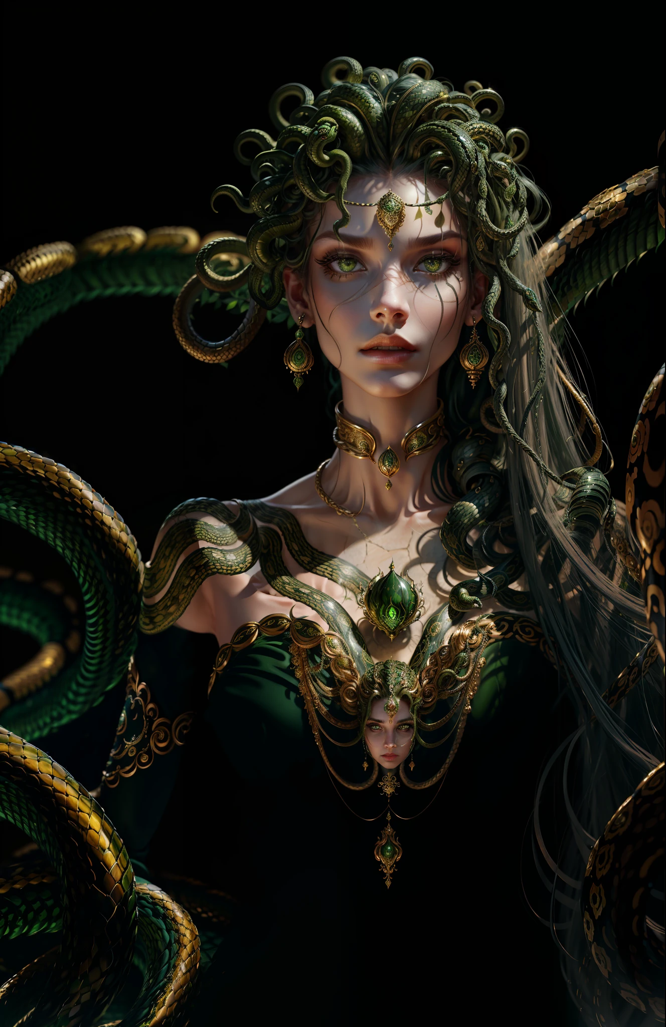 ((best quality)), ((masterpiece)), ((realistic)), Medusa, full body, the hair is composed of countless small snakes, green eyes, female face, metal carved top, royal aura, trend on artstation , sharp focus, studio photo, intricate detail, very detailed, detailed eye, illustration, very detailed, sharp focus, digital render, professional, 4k