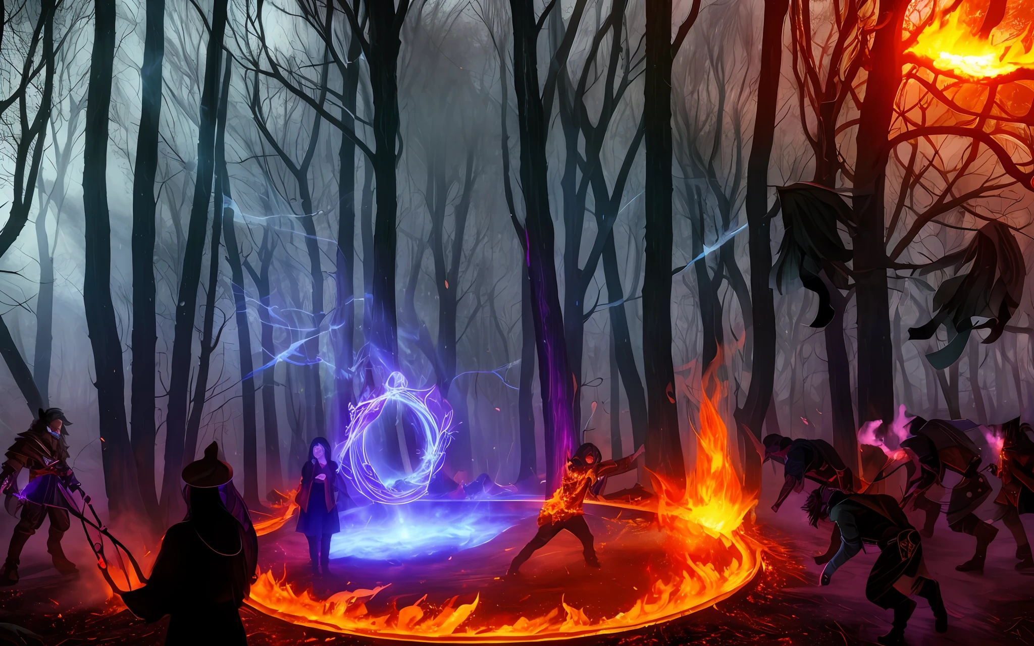 There are many people in the forest with a ring of fire, circle of summoning, summoning of ancient demons, evil fire sorceress in the forest, a portal to the realm of lost flame, spirits coming out of the portal, studying an open slit portal of hell, purple fire around the magic arena, ritual in a forest, casting fire spell, casting a fire spell. (It leaves the image dark, dark, dark. Battle at night, rain, death). (Ultra detailed, art, illustration).