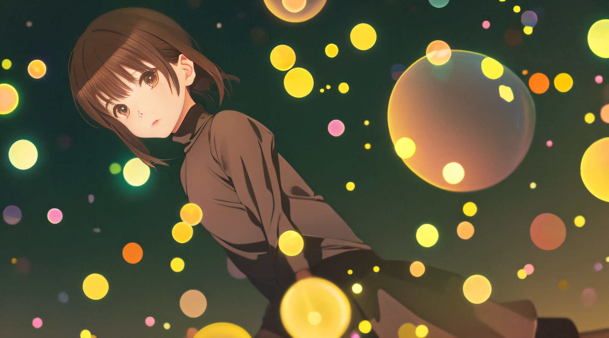 Detailed illustration in anime style, very cute 2 girl, solo, very short brown hair, perfect round gray eyes, black turtleneck, wearing black skirt, surrounded by many large and small various perfectly round soap bubbles, very dark fantastic background, fantastic lighting, dramatic backlighting, Makoto Shinkai anime style