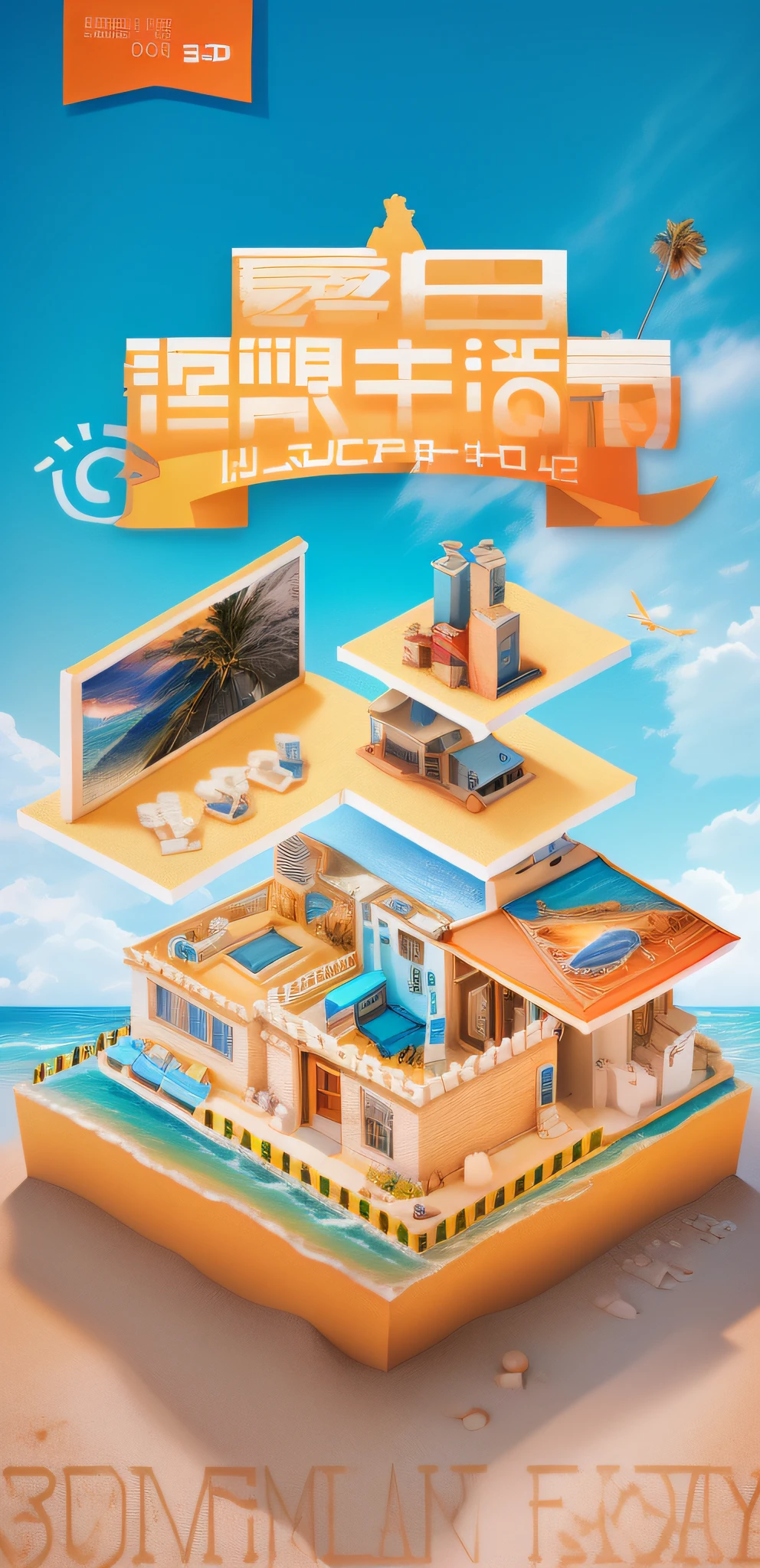 One beach picture, 3 dmax, poster illustration, my home, ideal, life, family, festival, atmosphere, poster, illustration, realistic illustration, super realistic illustration, photo of 3d iOS room, poster; Summer, Promotional Poster, Commercial Illustration, 8 Hours, 3 Days 8K, Game Promotional Poster, Ni Yuanlu, 3d CG, 3 Days, 3 Days Live Action Trend 3D Art