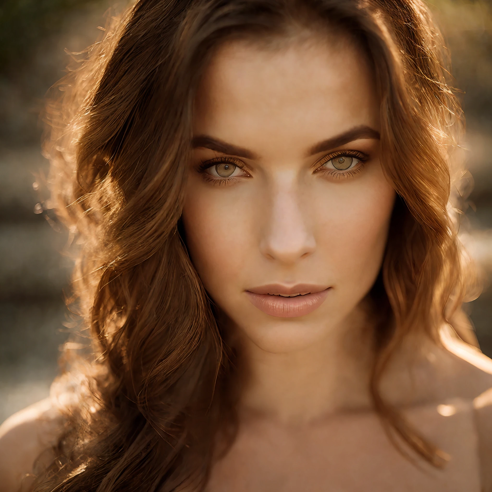closeup portrait of a young sexy Ukrainian woman with revealing Fit and flare dress in Spa retreat , symmetrical face,  Outdoor lighting, Brooding atmosphere, sharp eyes, Pouty lips, light brown hair