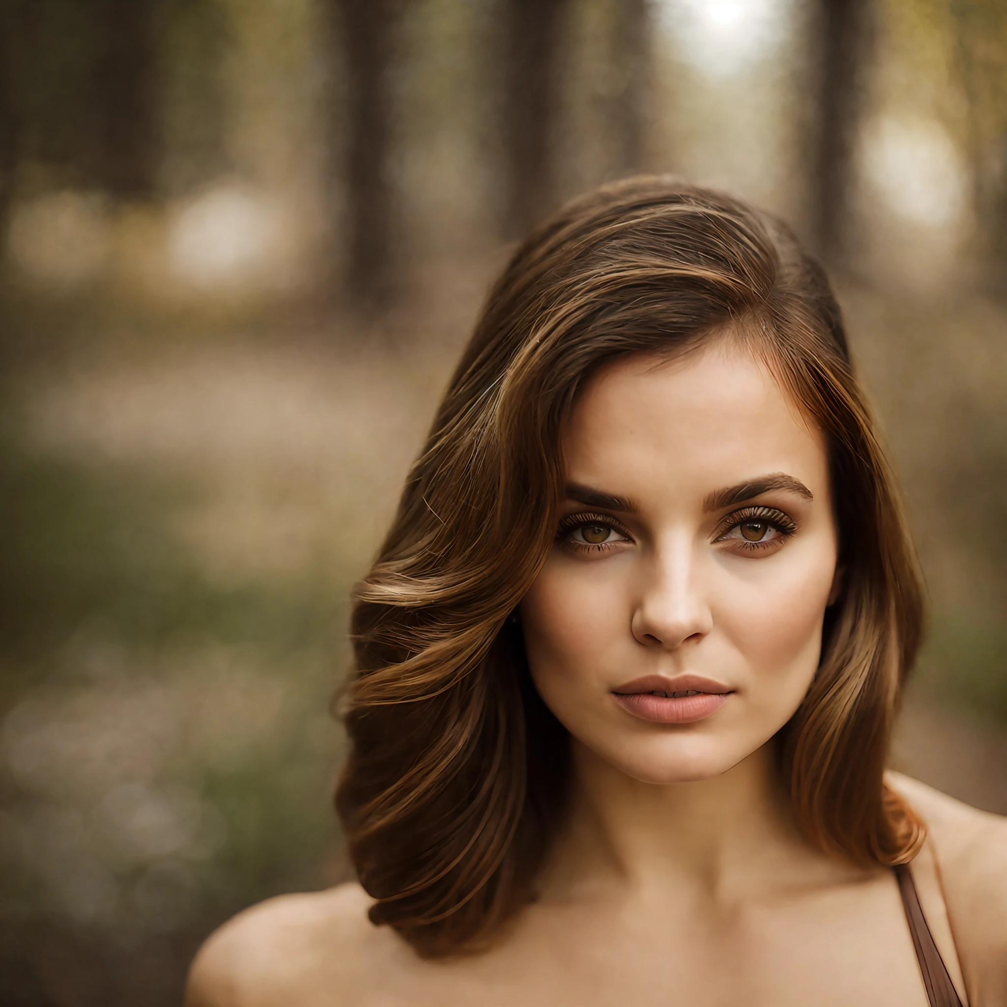 closeup portrait of a young sexy Ukrainian woman with revealing Fit and flare dress in Spa retreat , symmetrical face, Outdoor lighting, Brooding atmosphere, sharp eyes, Pouty lips, light brown hair