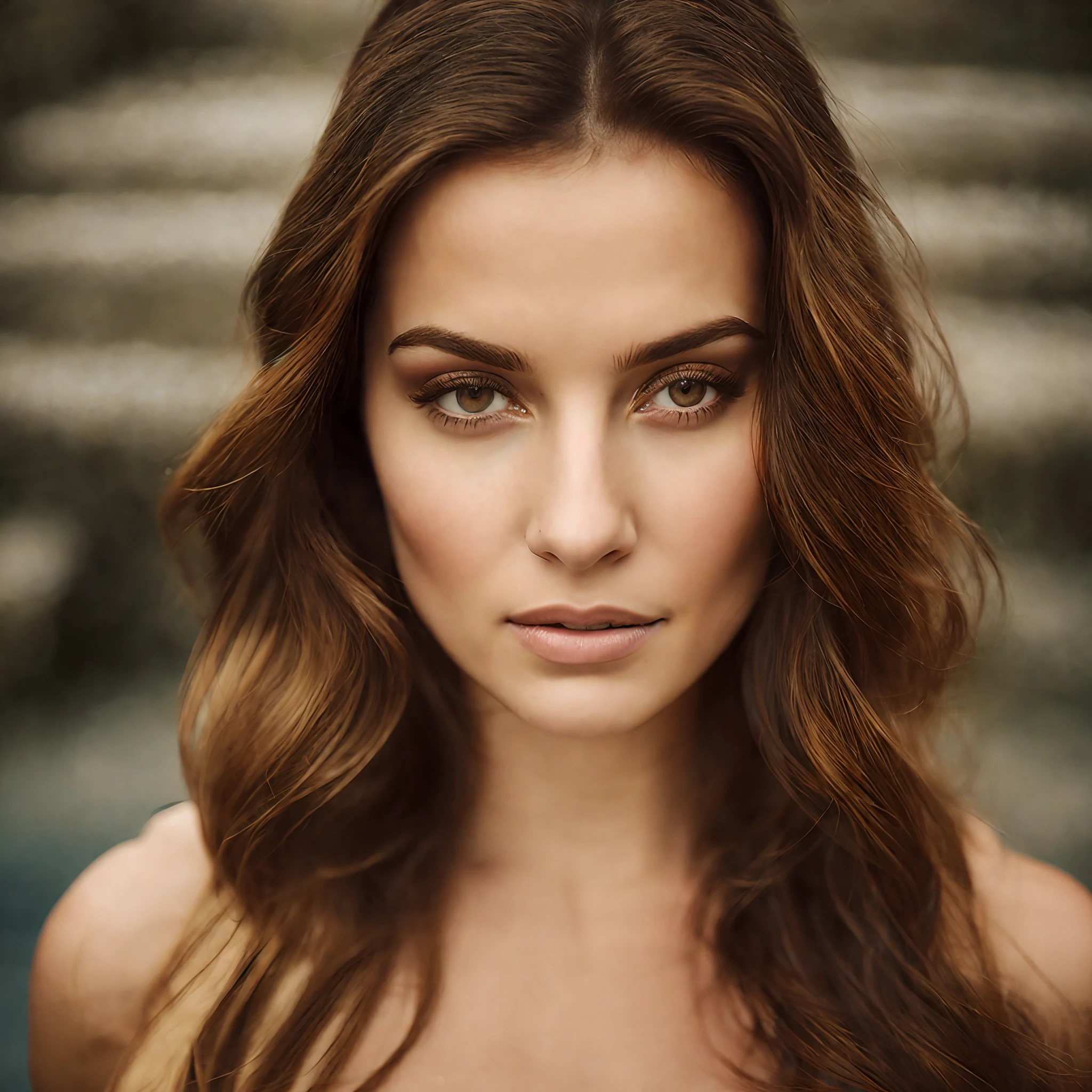 closeup portrait of a young sexy Ukrainian woman with revealing Fit and flare dress in Spa retreat , symmetrical face, Outdoor lighting, Brooding atmosphere, sharp eyes, Pouty lips, light brown hair