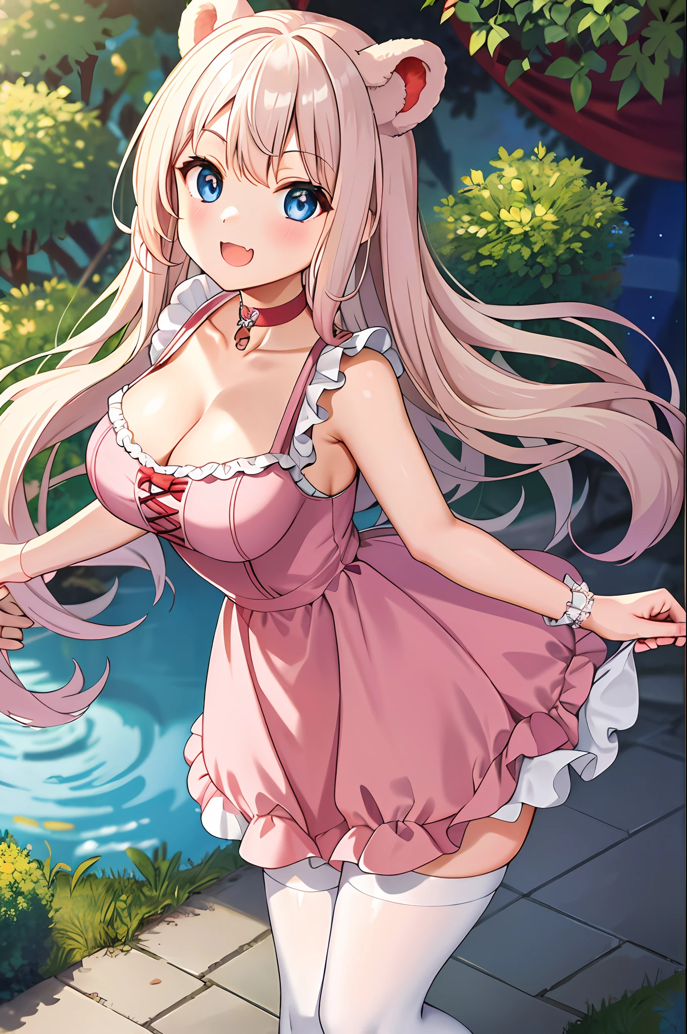 (leaning over:1.4), (masterpiece:1.2, best quality), (real picture, intricate details), 1girl, solo, absurdres, cowboy shot, standing, outdoors, :3, smile, bear girl, bear ears, ((light pink dress)), frills, very detailed dress, white thighhighs, platinum blonde hair, gray blue eyes, long hair, ((red strawberry choker)), smile, open mouth, one fang, large breasts, cleavage, sleeveless dress, arms behind back,