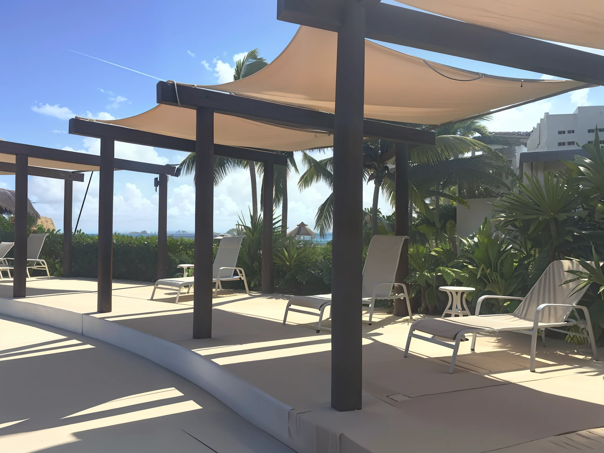 a close up of a patio with chairs and a canopy, canopies, in a beachfront environment, awnings, shaded, well shaded, by Tom Wänerstrand, paradise in the background, patio, next to a tropical pool, shade, near the beach, next to the sea, award winning shading, by Samuel Scott, by Robert Koehler