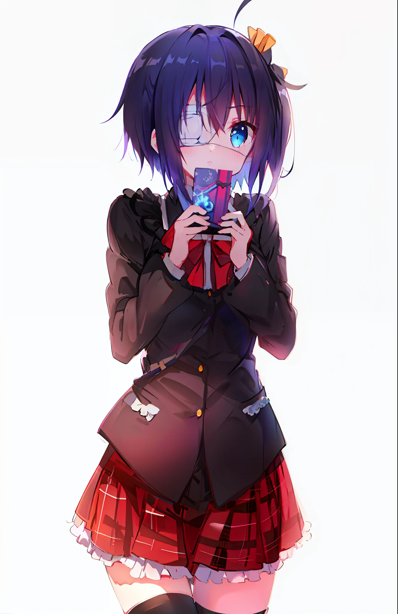 high res, masterpiece,Rikka Takanashi, black hair, solo, 1girl,outside,deatailed background, detailed eyes, ((blue eyes)), eyepatch
