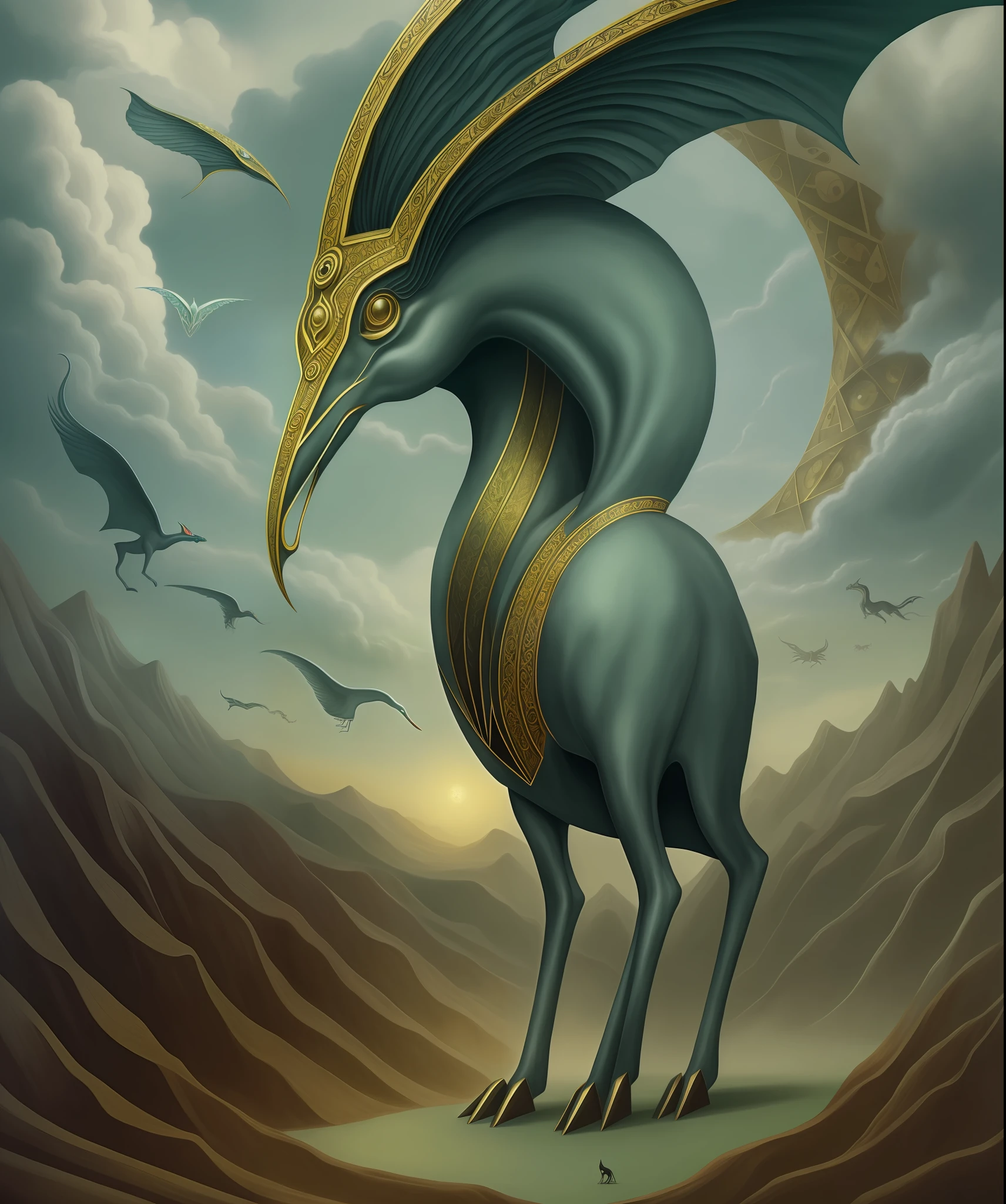 Create a visually captivating digital artwork inspired by Leonora Carrington's surrealist and fantastical style. Embrace symbolic imagery, mythical creatures --auto --s2