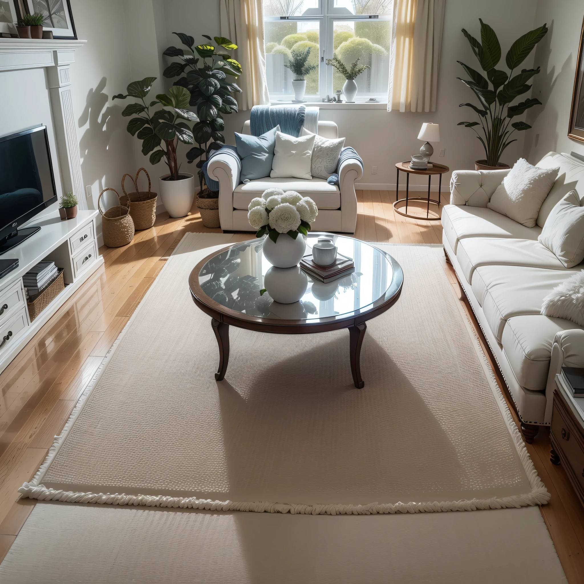 There is a white carpet on the floor, placed in the large living room, designed for comfortable aesthetics! ,white,,light color floor,fluffy eBay products,placed in living room,carpet,white background,simplicity,white fluffy fur,8K,ultra hd,wide living room, toys --auto --s2