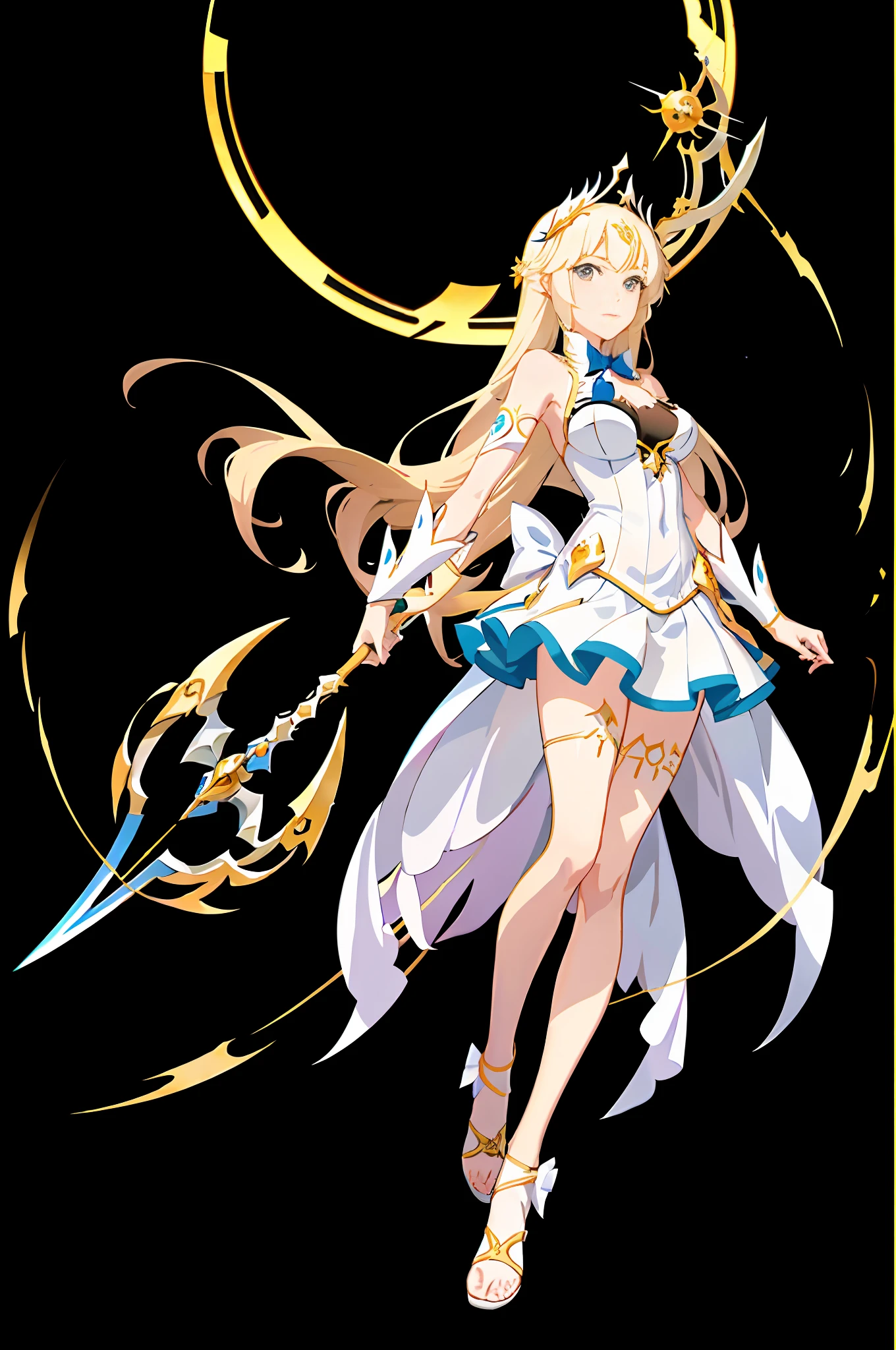 anime girl in white dress holding a golden staff and a sword, hestia, anime goddess, albedo from the anime overlord, albedo from overlord, the goddess hestia, official art, anime girl with a bow and arrow, anime moe artstyle, official artwork, high detailed official artwork, ayaka genshin impact, official anime artwork