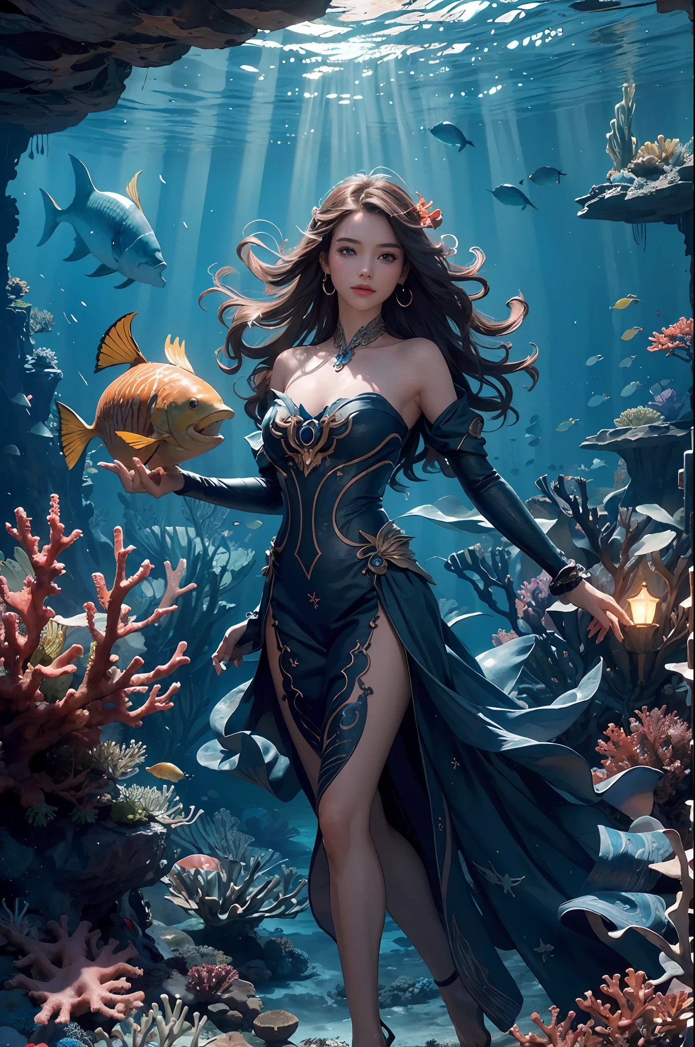 (exquisitely detailed CG unity 8k wallpaper, masterpiece-quality with stunning realism), (best illumination, best shadow), (best quality), deep-sea exploration in a vast coral reef, swimming with giant fish and colorful sea creatures, surrounded by glittering undersea plants, the fantasy world under the dark blue ocean.
