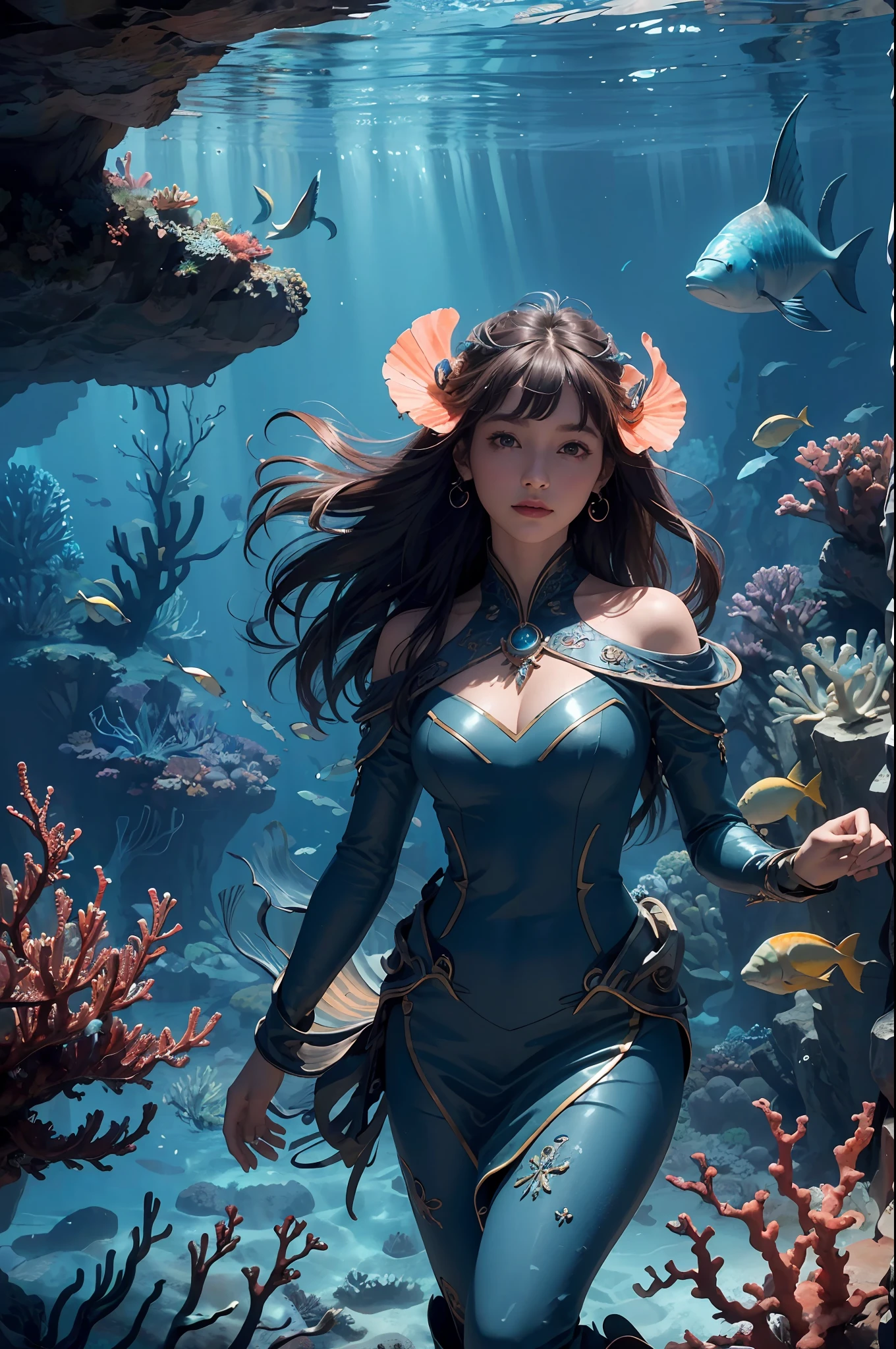 (exquisitely detailed CG unity 8k wallpaper, masterpiece-quality with stunning realism), (best illumination, best shadow), (best quality), deep-sea exploration in a vast coral reef, swimming with giant fish and colorful sea creatures, surrounded by glittering undersea plants, the fantasy world under the dark blue ocean.