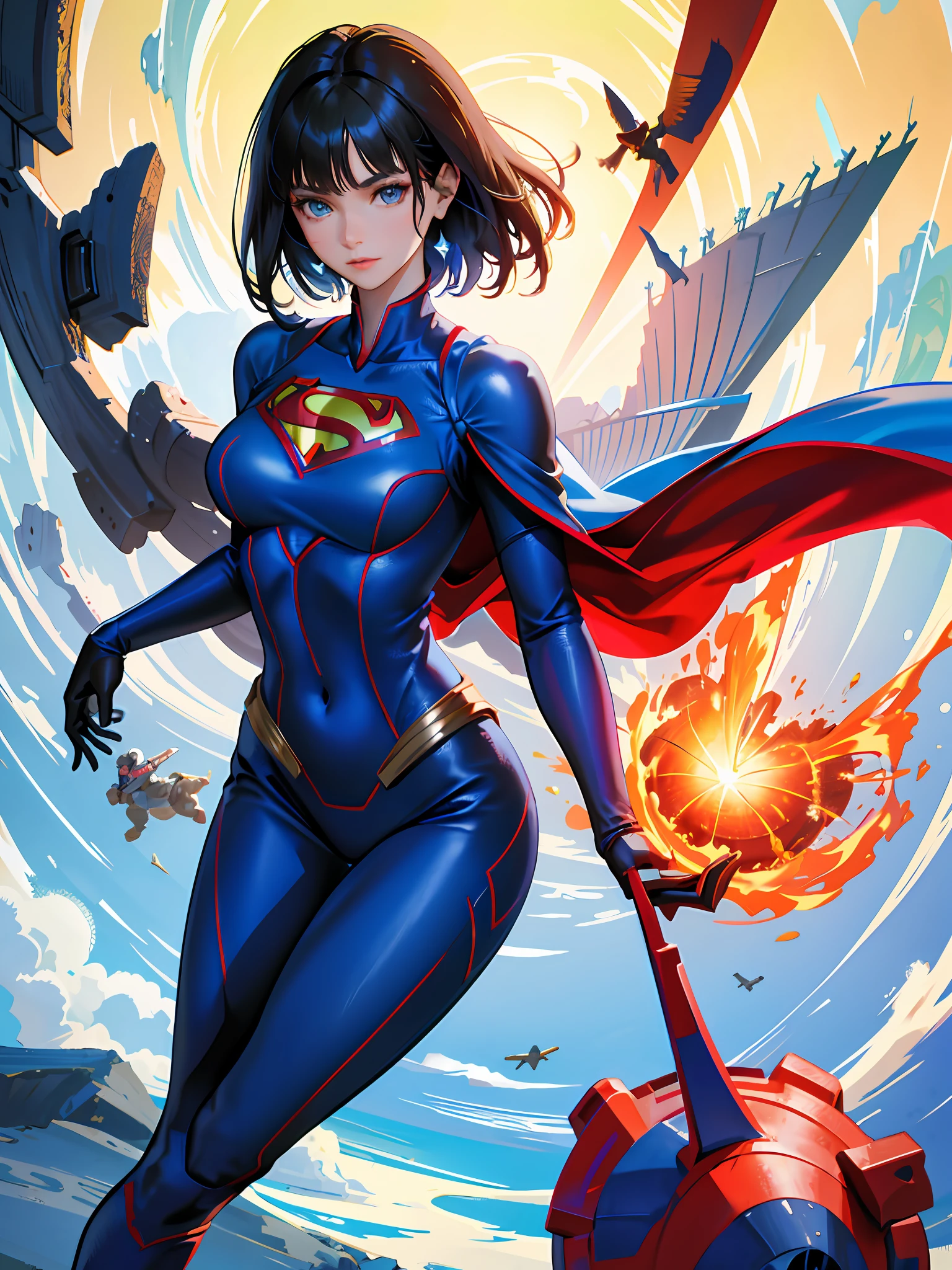 (highest resolution, distinct_image), best quality, Supergirl masterpiece, highly detailed, semi realistic, a woman with short black hair, mature woman, triple bangs, red and blue flight suit, wearing superman's S symbol on her chest,
tight clothes, beautiful woman, spaceship, piloting spaceship, in flight