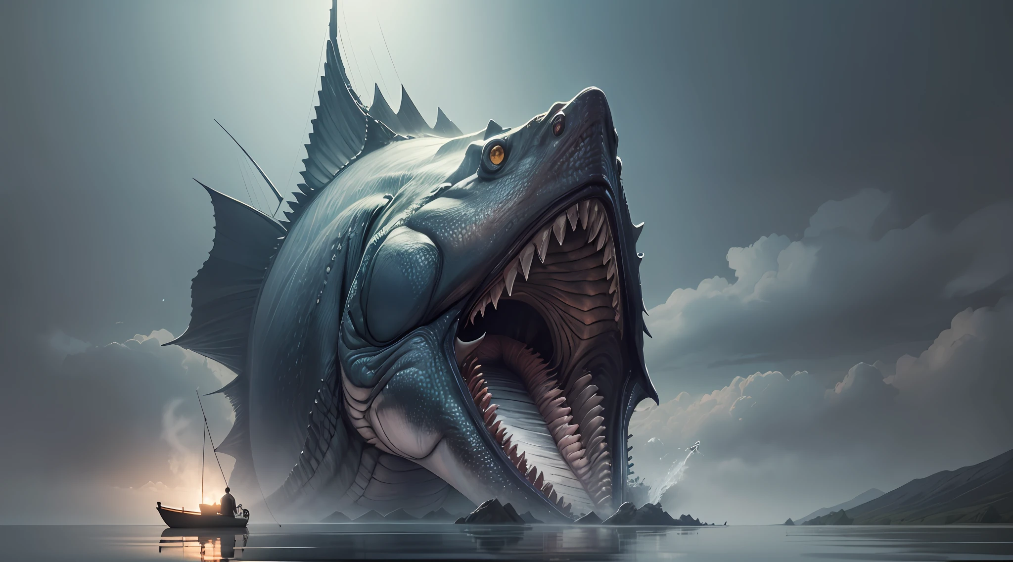(best quality), digital painting with ultra-realistic details, distant view of a large monsterfish in the depths of a lake in front of a man fishing, dark environment, dark and mysterious style, distant.