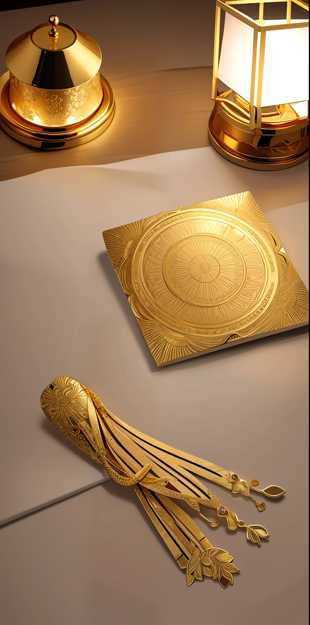 There is a gold bracelet on the white cardboard, the bracelet has exquisite patterns, the bracelet is made of gold, and in the middle of the white cardboard, there is a sunset lamp shining on the bracelet