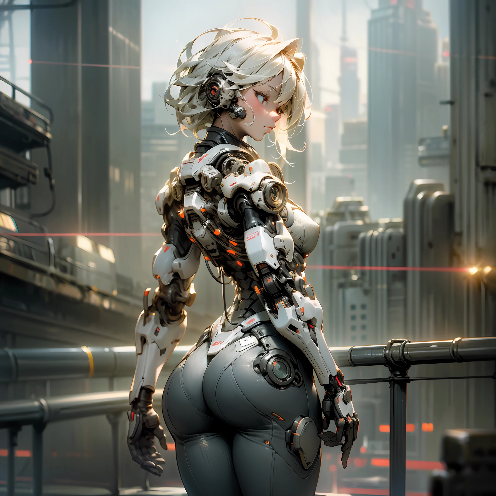 Dystopian, [sci-fi], High Detail RAW color Photo, Full Shot, rear angle, of (cute female arterial intelligence, wearing see-through white chemise), outdoors, standing, on overlook, looking out at sprawling cyberpunk city skyline), toned physique, large ass, (pale skin), perfect face, seductive look, (cybernetic implants:1.2), (augmentations), (cyborg:1.1), (detailed skin, diffused skin pores), silicone, metal, (highly detailed, fine details, intricate), (lens flare:0.5), (bloom:0.5), smog, dust, (badlands:0.8), (observitory:0.7), raytracing, specular lighting, shallow depth of field, photographed on a Sony Alpha 1, EF 85mm lens, f/2.8, hard focus, smooth, cinematic film still, [Cyberpunk:Orwelian:12] --auto --s2