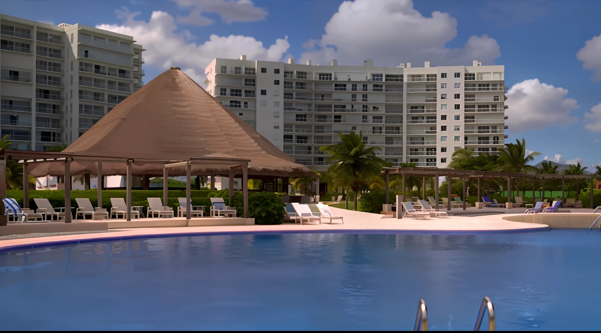 swimming pool with chairs and umbrellas in front of a resort, resort, video, promo, 4 0 9 6, hotel, ground - level medium shot, paradise in the background, captura, swimming pool in front, poolside, family friendly, pool, 3945074687, next to a tropical pool, cinematic full shot