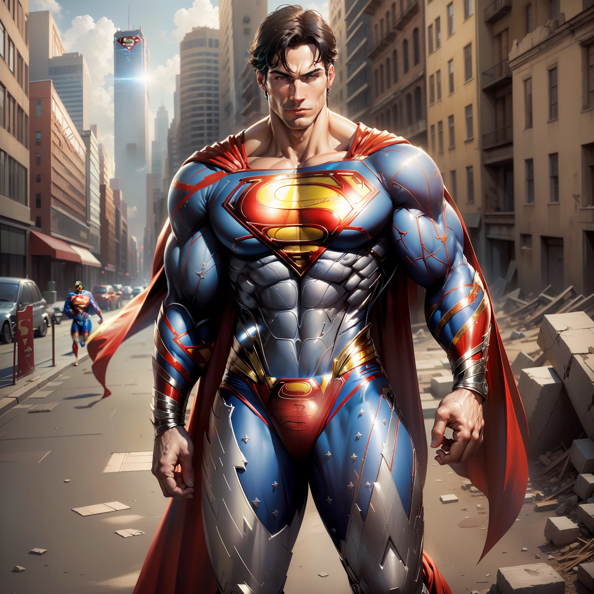 (Masterpiece, Superb Quality, Super Detailed, High Resolution), Male Focus, ((Superman), ((Muscular Man))), ((Muscle Detail))), (Superman Suit), (Clothing Detail), Pose for Photo, City Ruins, Background Detail, (((Full Body)), (((Superman Sense of Greatness))