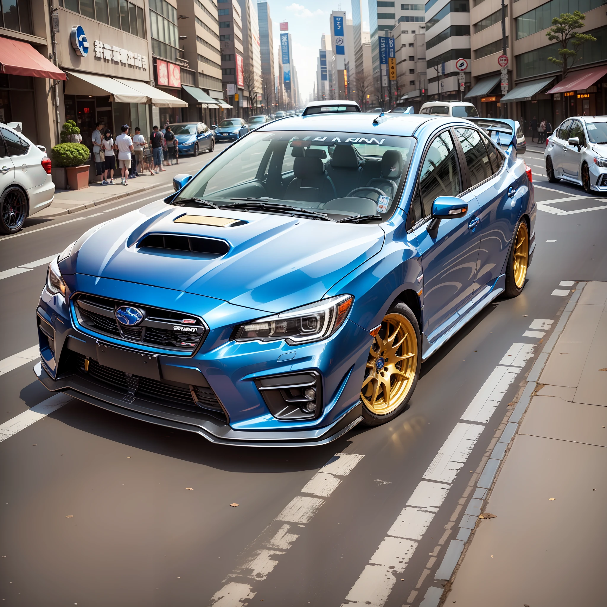 Japanese car Subaru WRX STI hatch shark in blue color Mika and wheels rim 21 gold wide splint, on the most famous avenue of Tokyo in the 50s