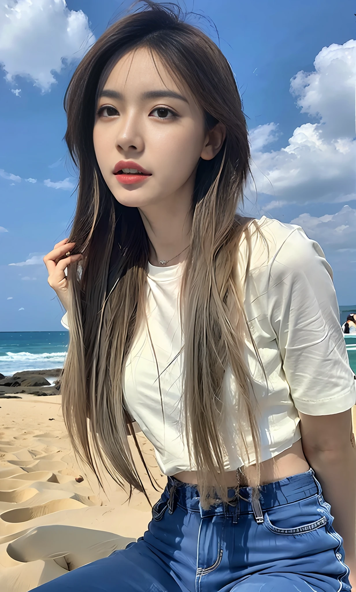 (8k, RAW photo, best quality, masterpiece: 1.2), (full body: 1.1), (short sleeves: 1.2), (trousers: 1.2), best quality, masterpiece, (small mouth: 1.2), an extremely delicate and beautiful, 8k wallpaper, amazing, fine details, masterpiece, best quality, (22 years old: 1.2), narrow waist, (bright blue sky and white clouds, beach, sitting, nature: 1.2), slim, shy, pure, cute, thick hair, soft hair, high contrast, Replenishing light, (shut up) beautiful, delicate eyes, (long hair: 1.2)