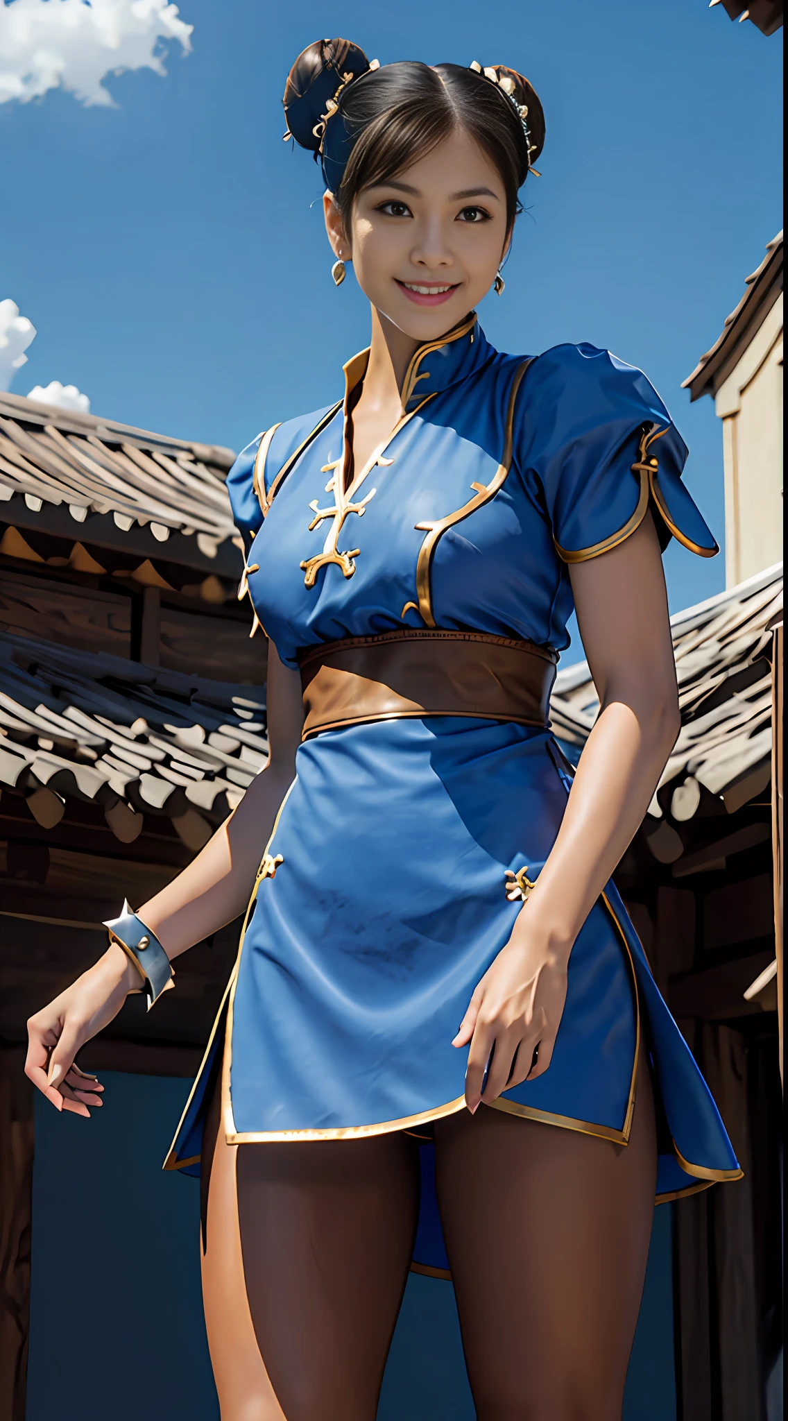 masterpiece, best quality, chun li, brown eyes, short hair, brown hair, double bun, bun cover, blue dress, pelvic curtain, spiked bracelet, sash, brown pantyhose, outdoor, hand on hip, looking at viewer, cowboy shot, dress lift, smile
