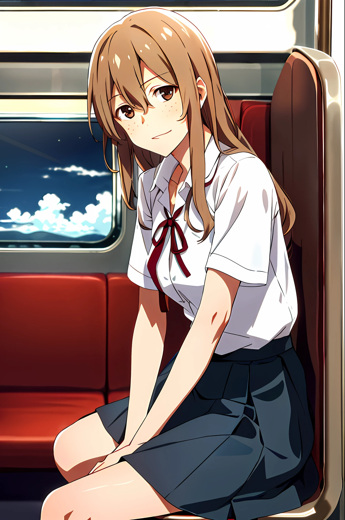 masterpiece, best quality, highres, aoki1, brown eyes, freckles, skirt, white shirt, ribbon, cowboy shot, sitting in the seat, inside a train